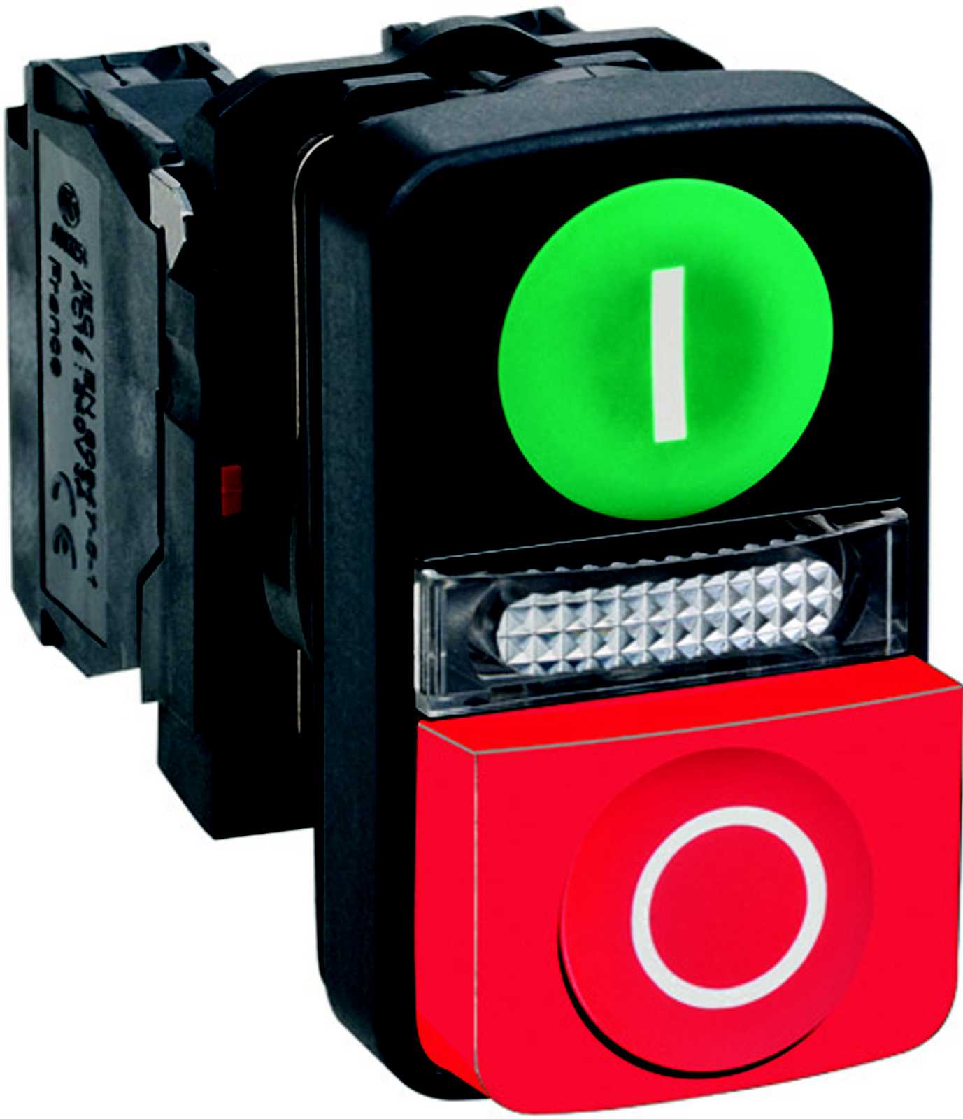 Schneider Electric - Trippel trykknapp komplett med "I" og "II" i hvit på grønne trykflater, STOP på rød i midt 1xNO+1xNC