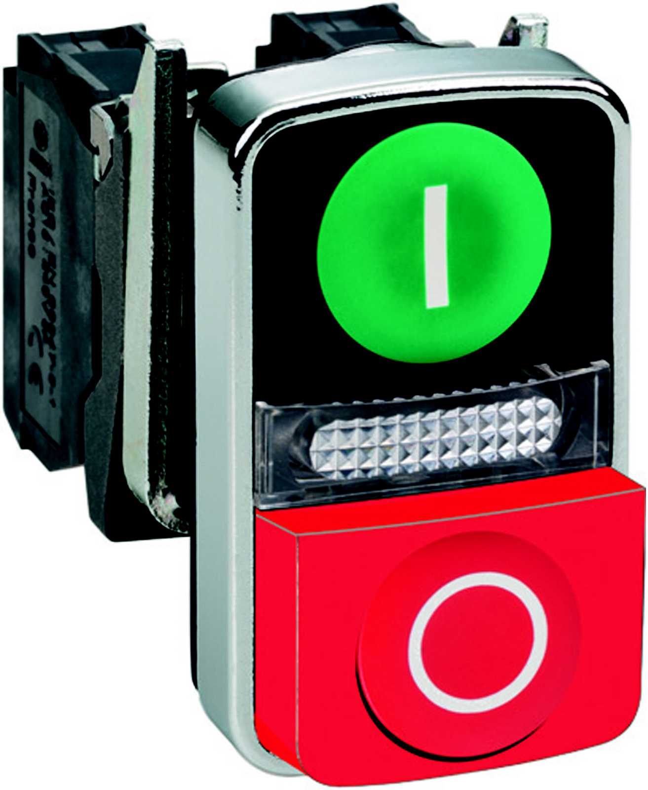 Schneider Electric - Dobbel trykknapp komplett med LED og merket med "I" og "O" på trykflater 230-240VAC 1xNO+1xNC