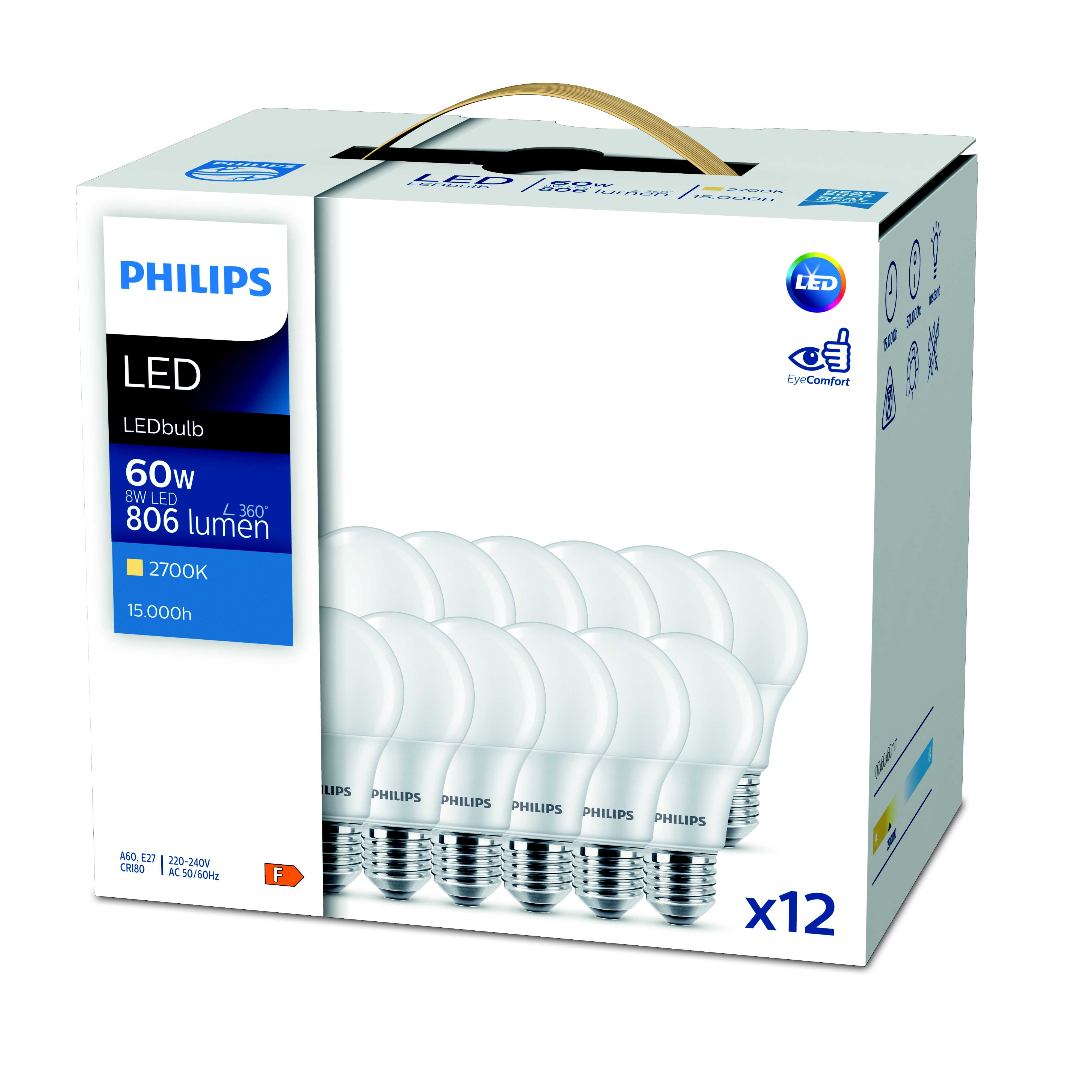 Philips - Lyspære 8-60W 827 806lm 12pk ND A60 E27 (pris pr. 12pk)