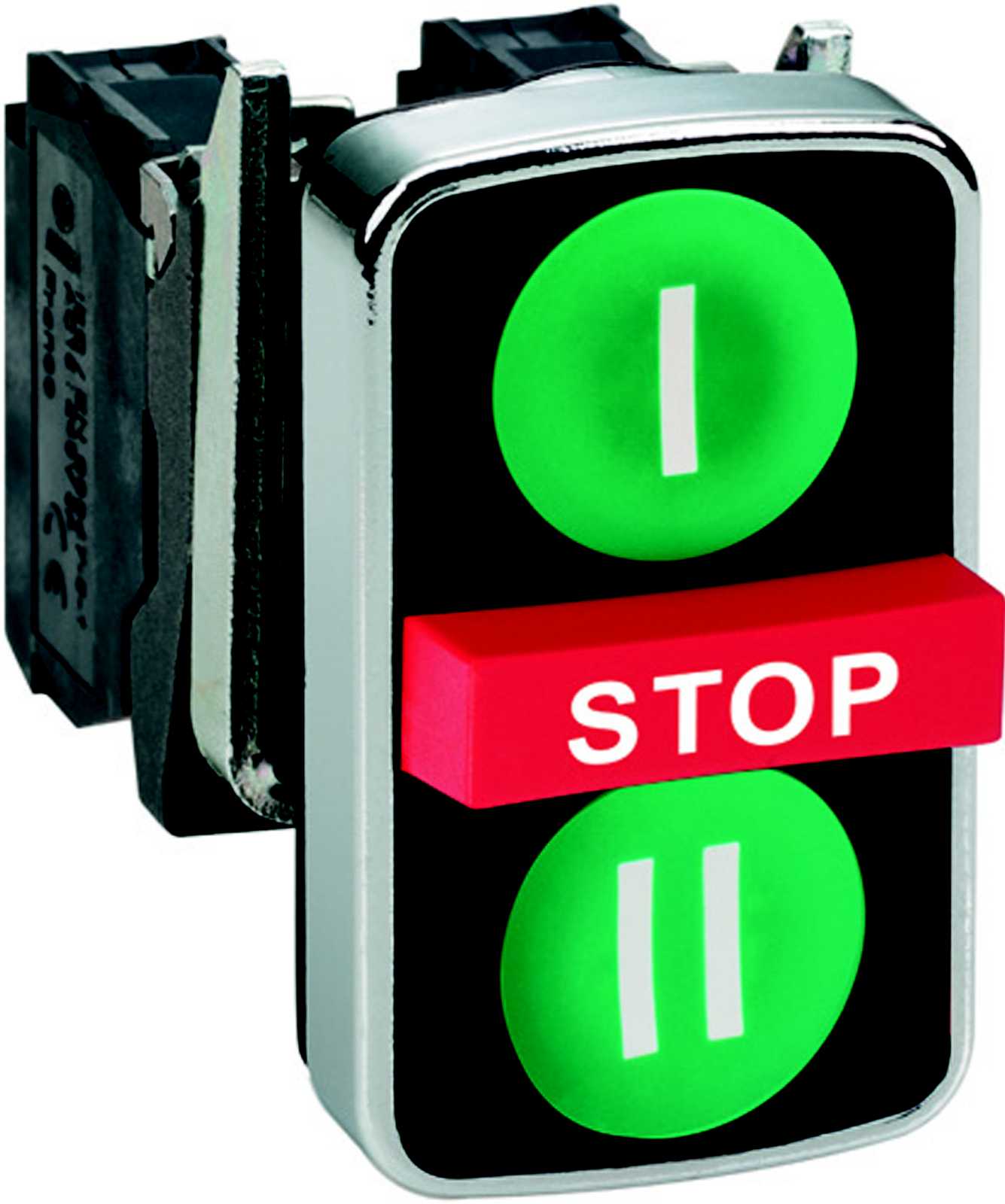 Schneider Electric - Trippel trykknapp komplett med "I" og "II" i hvit på grønne trykflater, STOP på rød i midt 1xNO+1xNC