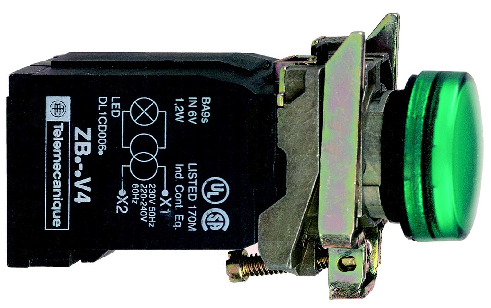 Schneider Electric - Signallampe komplett for BA9s i grønn farge med 110-120V trafo