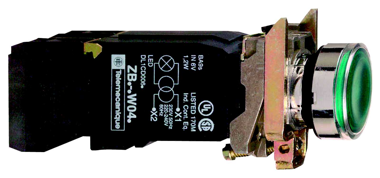 Schneider Electric - Lystrykknapp komplett med BA9s og grønn plan trykflate med fjærretur 230-240VAC trafo 1xNO+1xNC