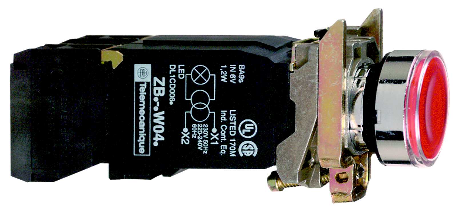 Schneider Electric - Lystrykknapp komplett med BA9s og rød plan trykflate med fjærretur 230-240VAC trafo 1xNO+1xNC