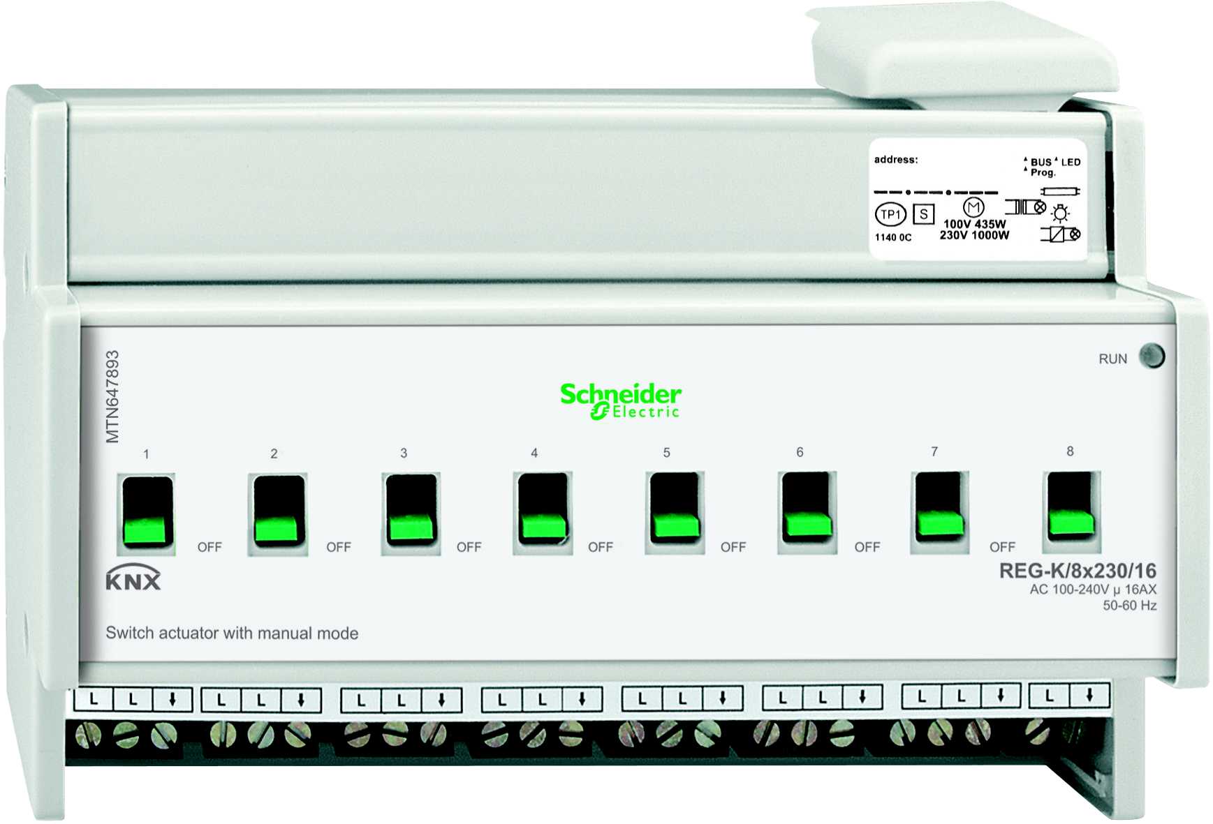 Schneider Electric - KNX binærutgang REG-K/8x230/16 med manuell modus, lys grå