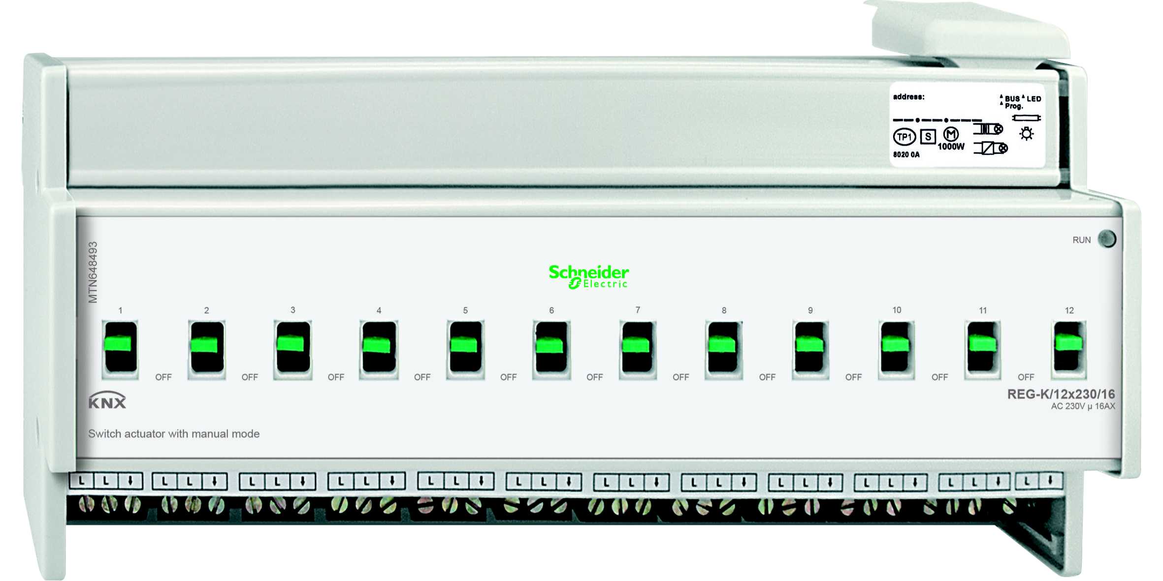 Schneider Electric - KNX binærutgang REG-K/12x230/16 med manuell modus, lys grå
