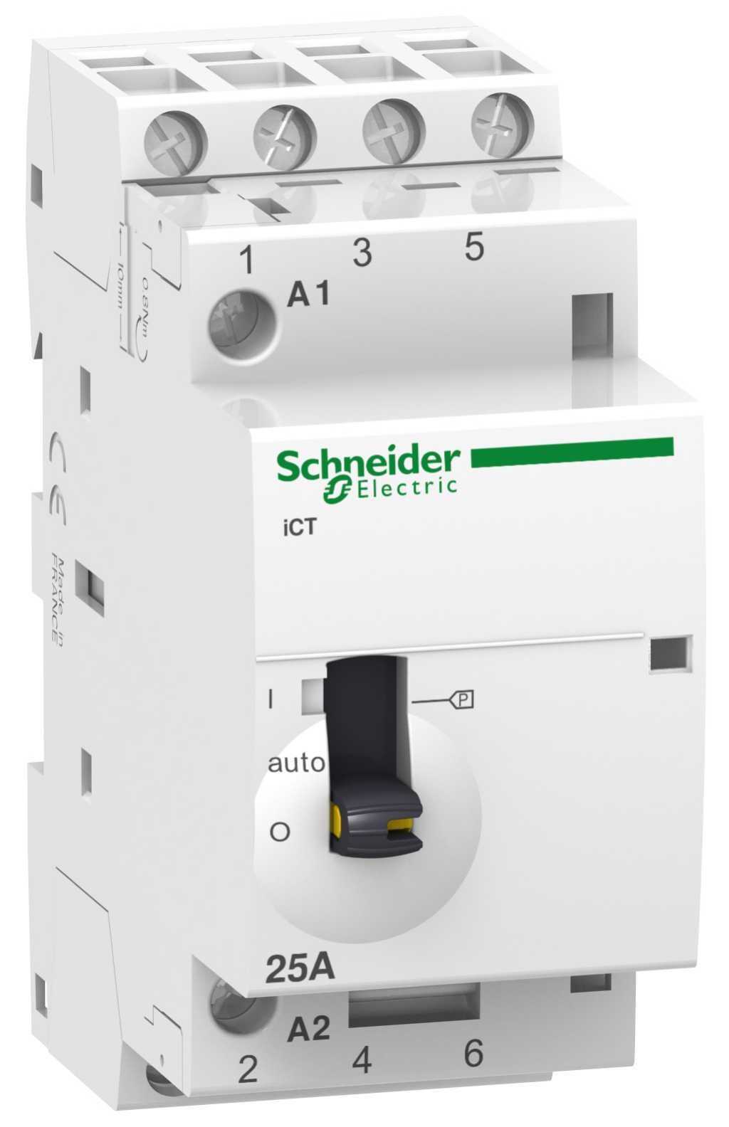 Schneider Electric - iCT - Modulær kontaktor - 25A 4NO 220...240 V 50 Hz - Manuell velger i front