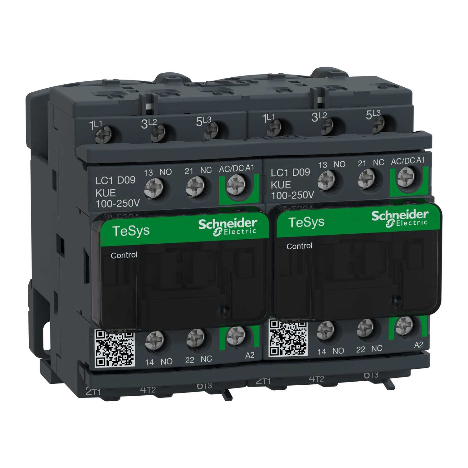 Schneider Electric - TeSys D reversing kontaktor - 3P - <= 440 V - 9 A AC-3 - 100...250 V AC/DC spole