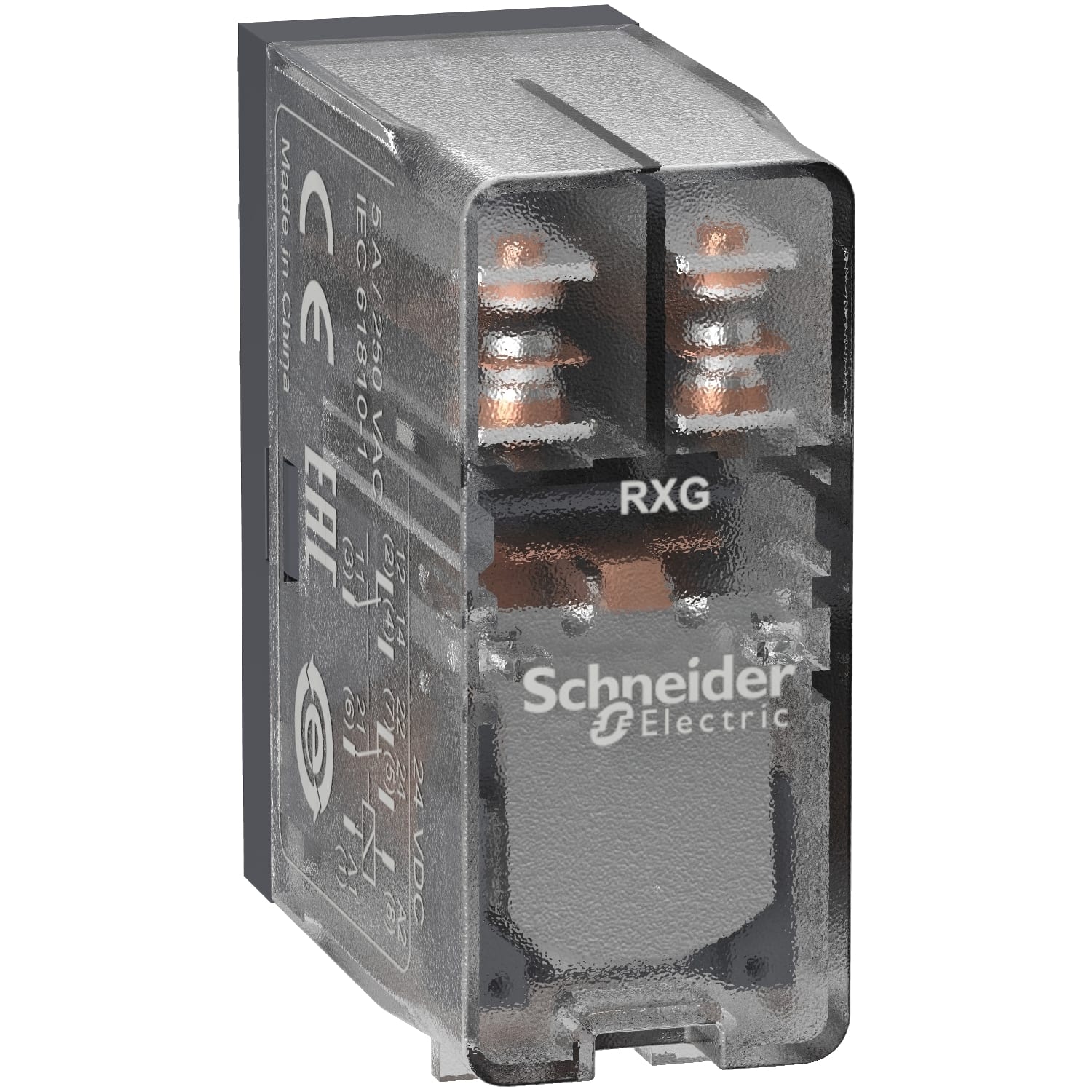 Schneider Electric - RXG pluggrelé med transparent deksel og 2 C/O kontakter på 5A og 24 VDC forsyning