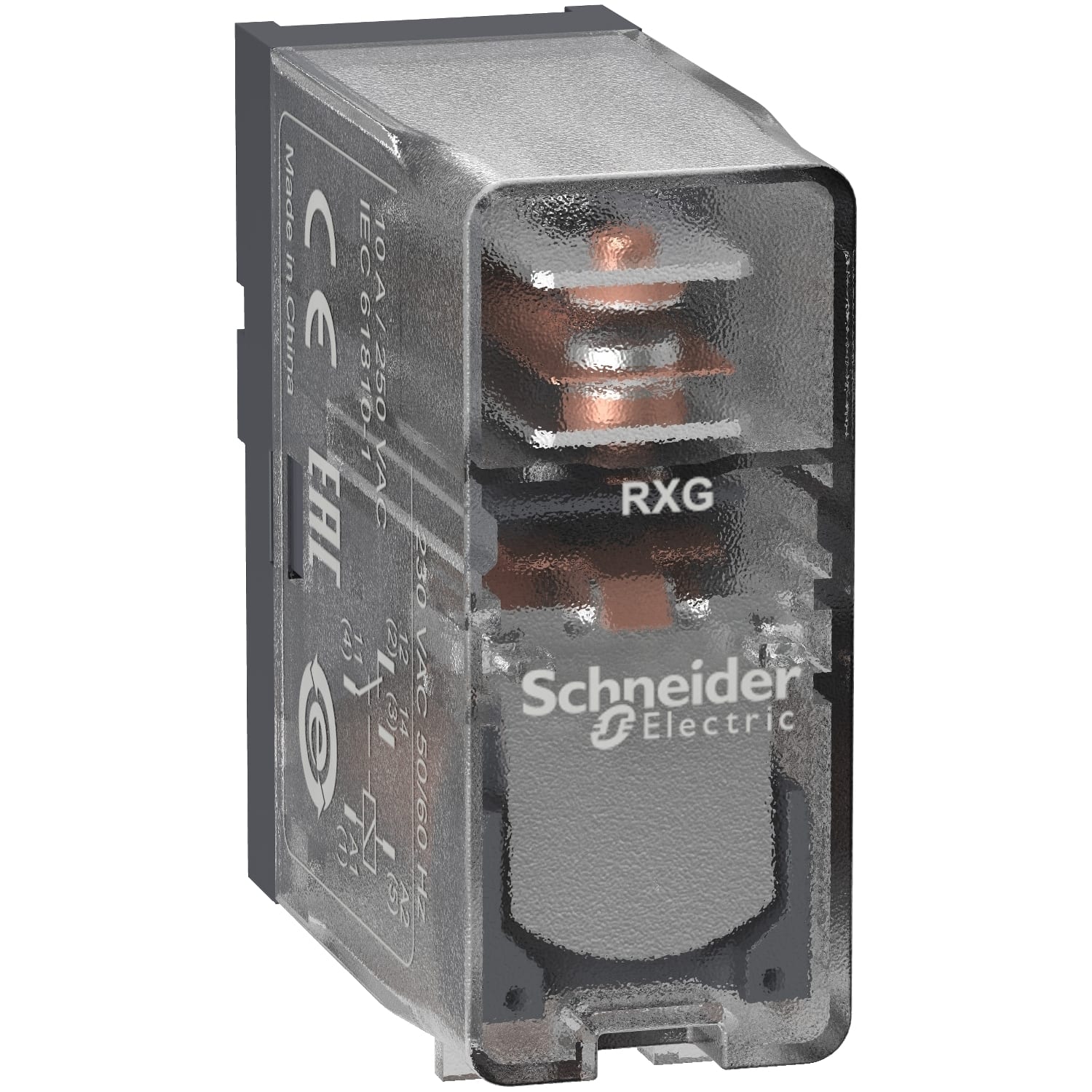 Schneider Electric - RXG pluggrelé med transparent deksel og 1 C/O kontakt på 10A og 230 VAC forsyning