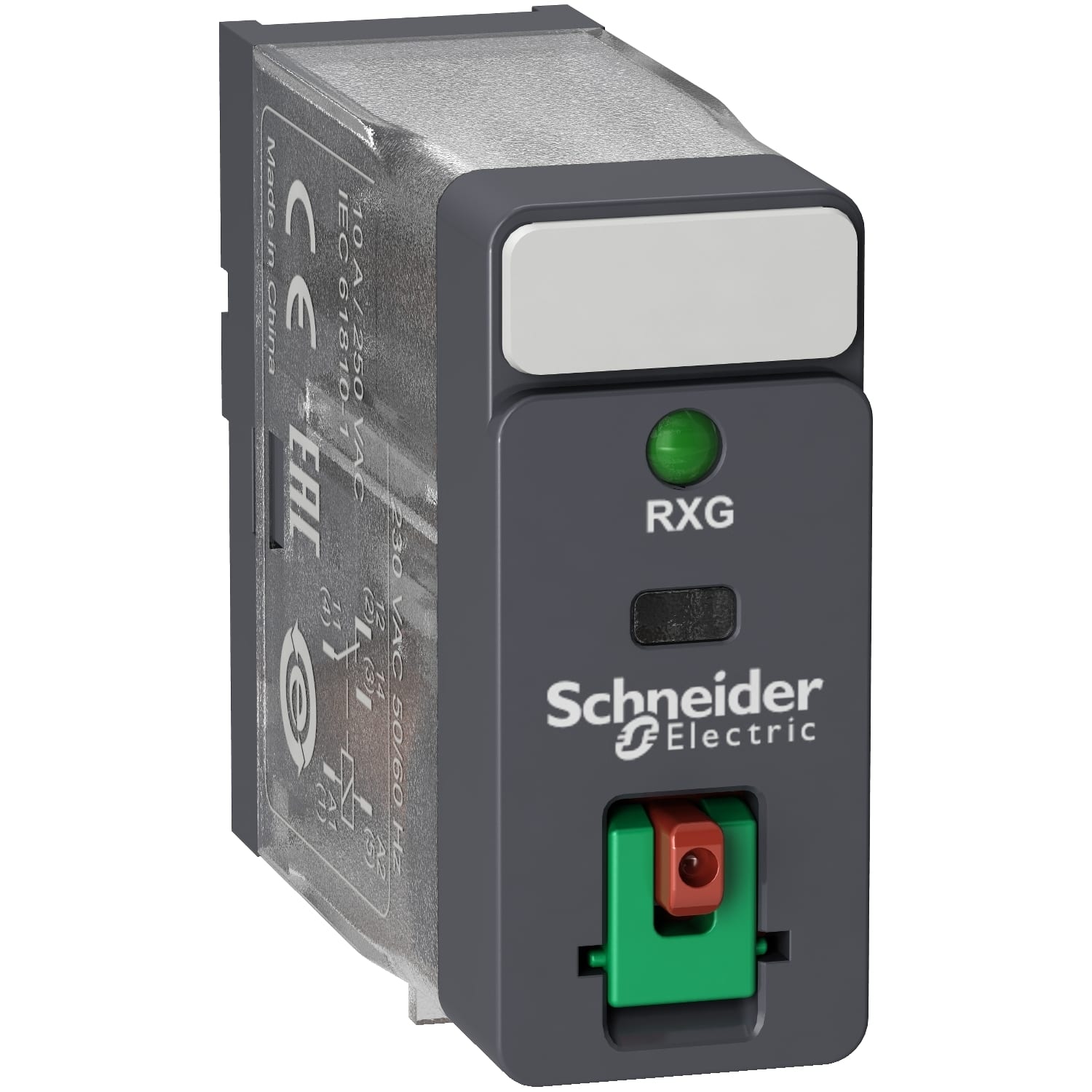 Schneider Electric - RXG pluggrelé med låsbar testknapp og innebygget LED og 1 C/O kontakt på 10A og 24 VAC forsyning
