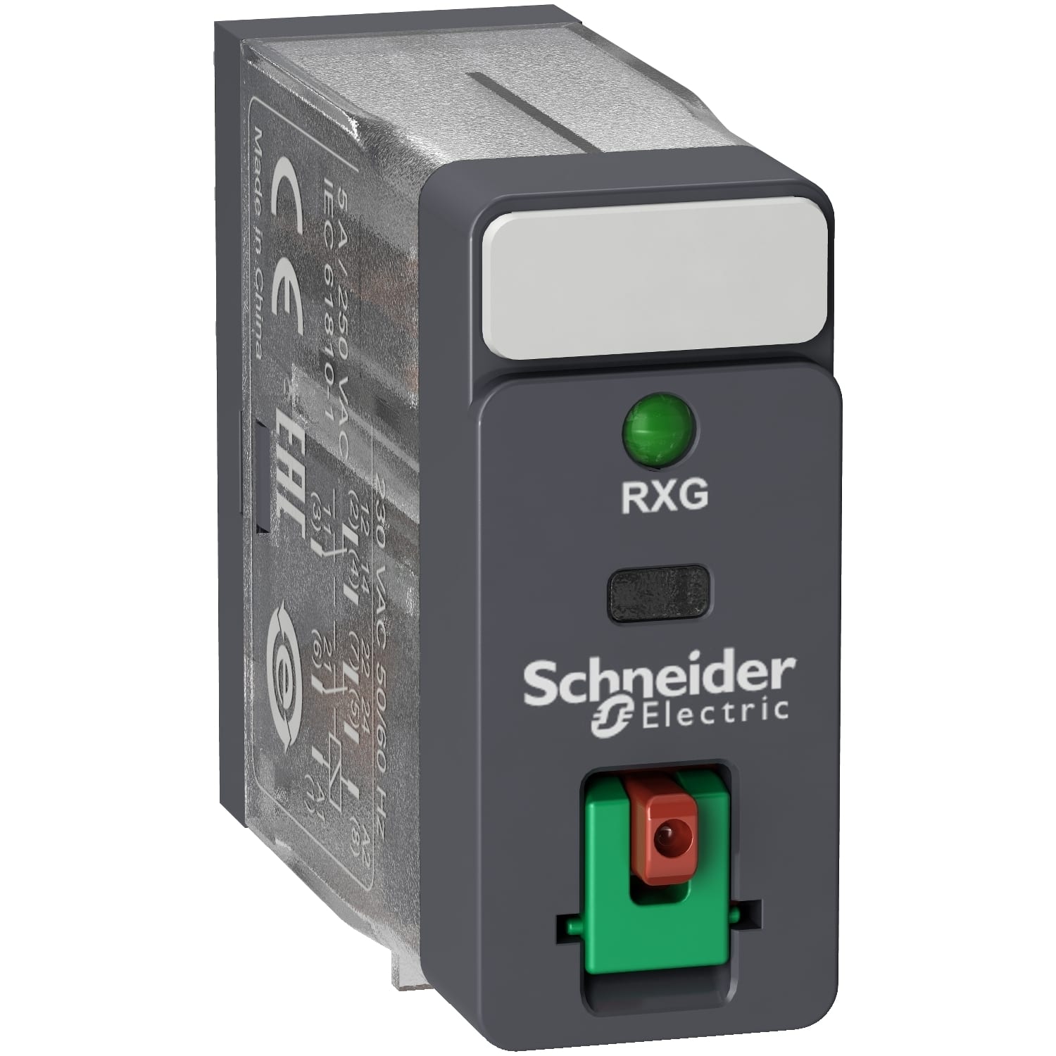 Schneider Electric - RXG pluggrelé med låsbar testknapp og innebygget LED og 2 C/O kontakter på 5A og 48 VAC forsyning