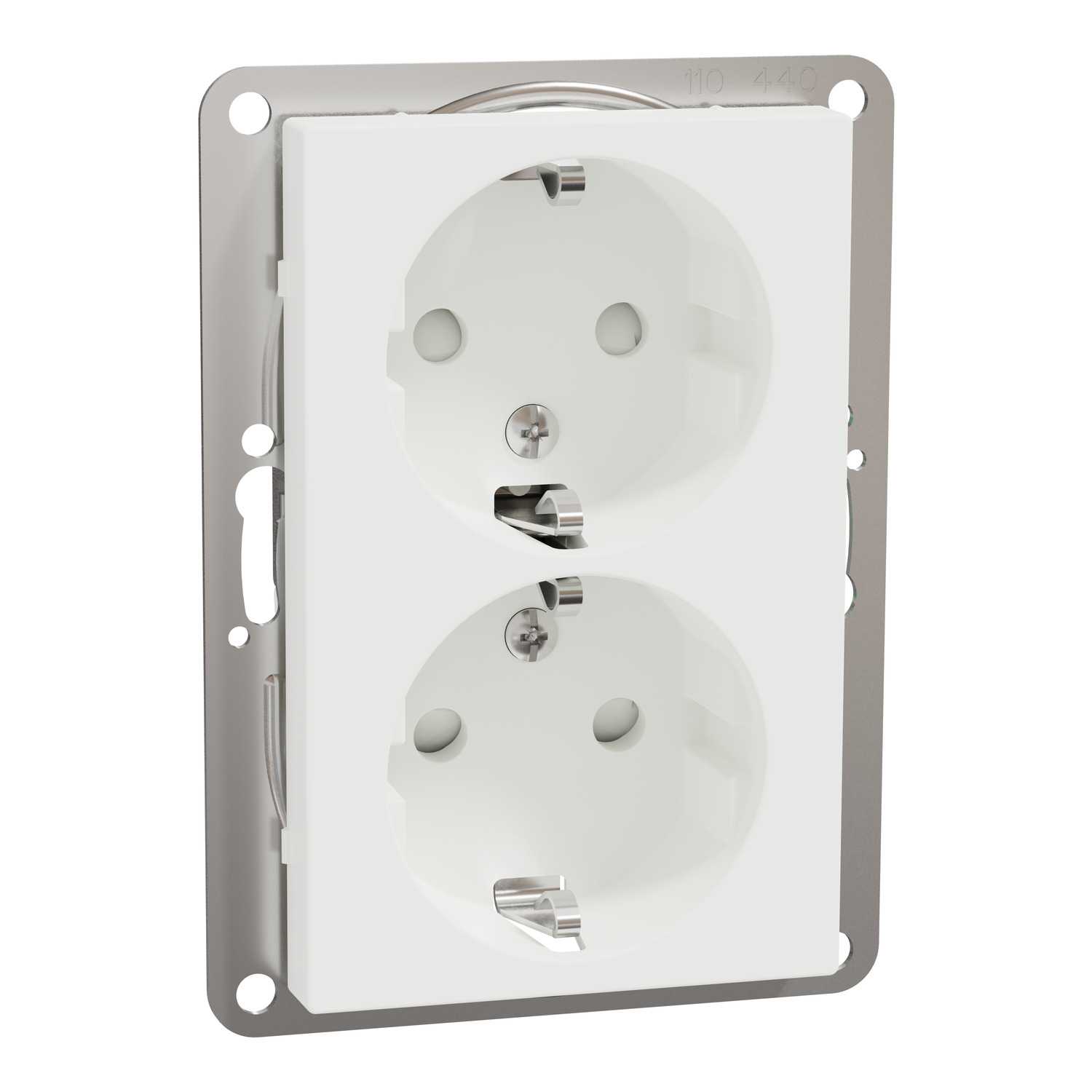 Schneider Electric - Exxact dobbel stikk med jord, barnevern, hurtigklemme, innfelt montering i 1,5 boks, 16A, IP21 hvit