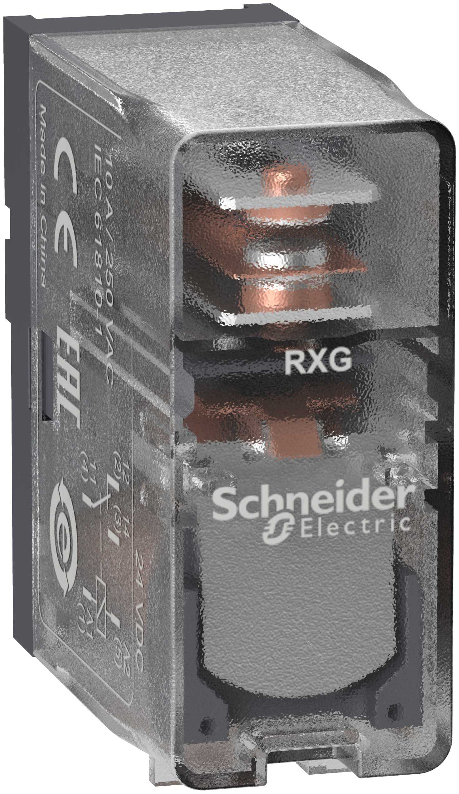 Schneider Electric - RXG pluggrelé med transparent deksel og 1 C/O kontakt på 10A og 12 VDC forsyning