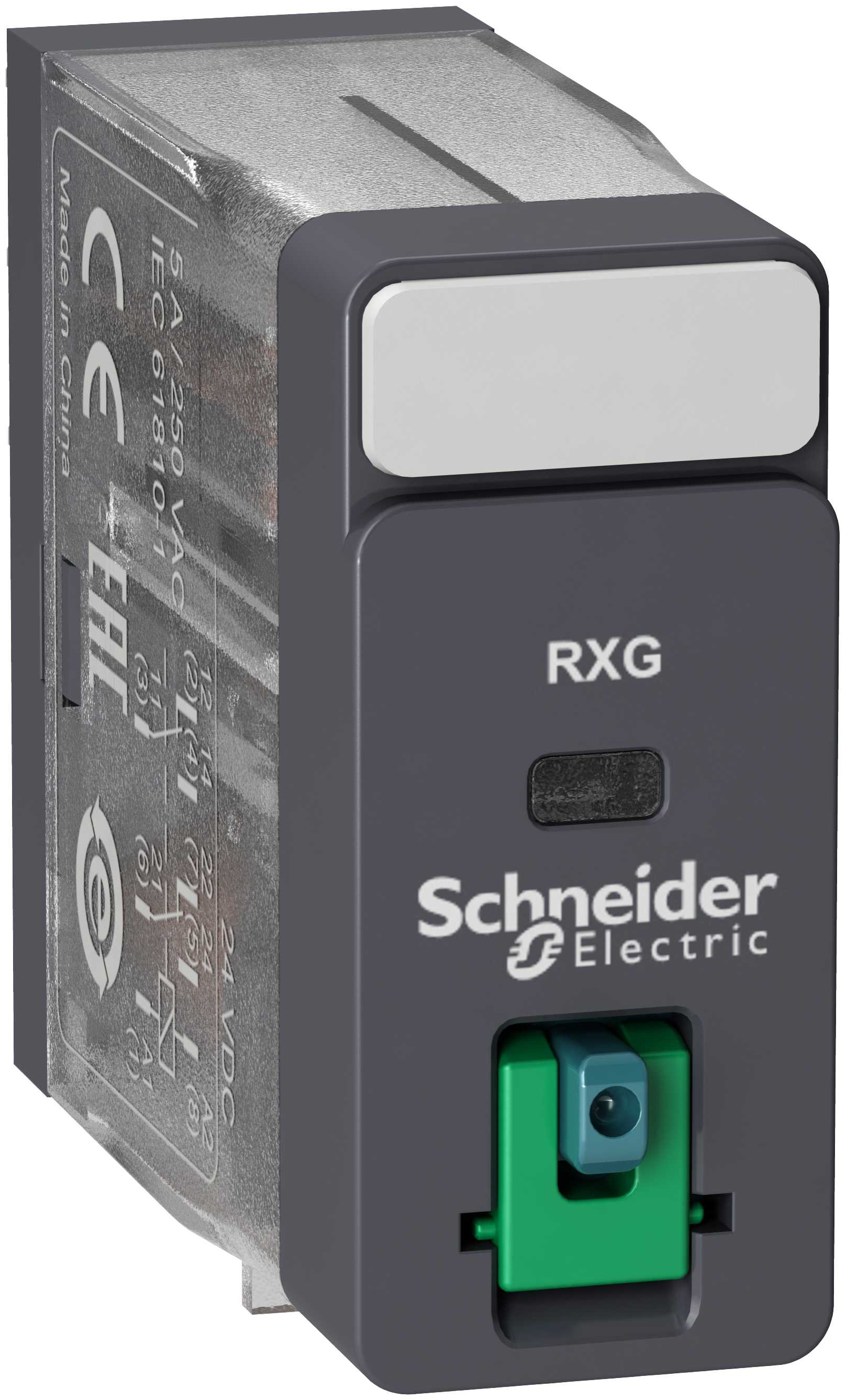 Schneider Electric - RXG pluggrelé med låsbar testknapp og 2 C/O kontakter på 5A og 6 VDC forsyning