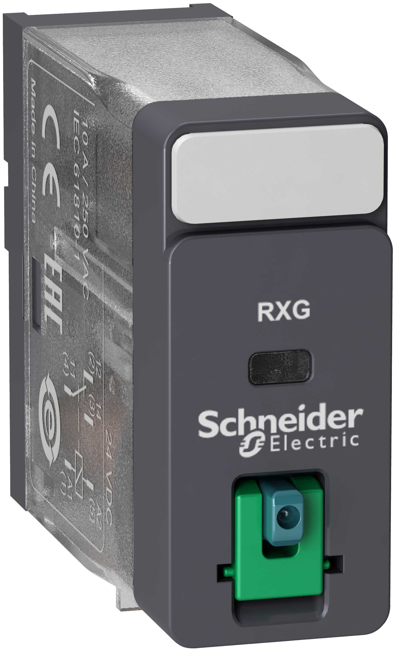 Schneider Electric - RXG pluggrelé med låsbar testknapp og 1 C/O kontakt på 10A og 12 VDC forsyning