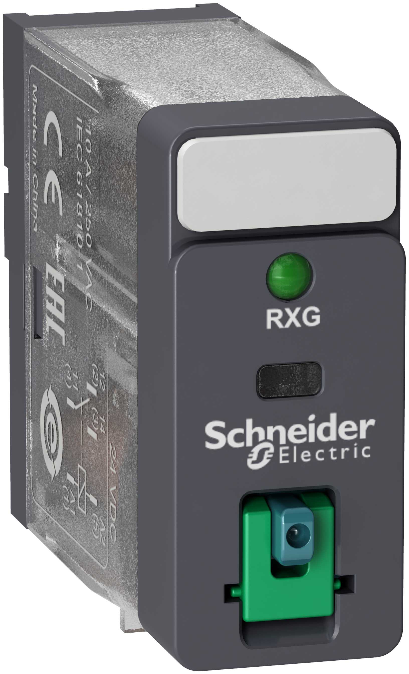 Schneider Electric - RXG pluggrelé med låsbar testknapp og innebygget LED og 1 C/O kontakt på 10A og 110 VDC forsyning