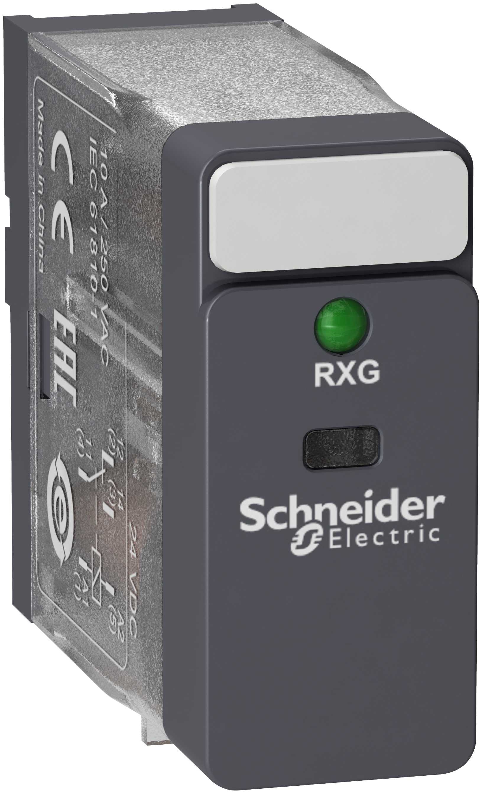 Schneider Electric - RXG pluggrelé med innebygget LED og 1 C/O kontakt på 10A og 12 VDC forsyning