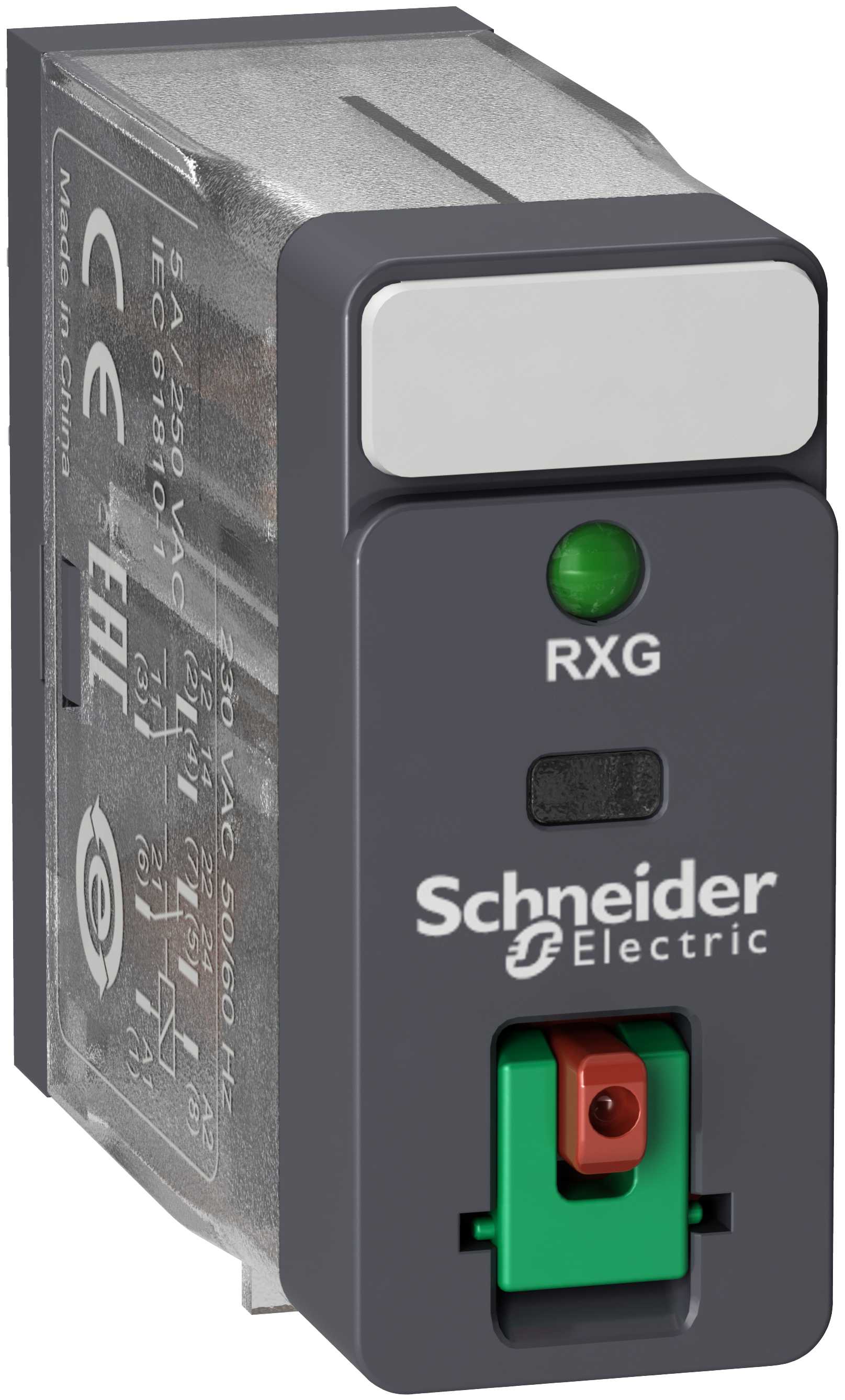 Schneider Electric - RXG pluggrelé med låsbar testknapp og innebygget LED og 2 C/O kontakter på 5A og 230 VAC forsyning