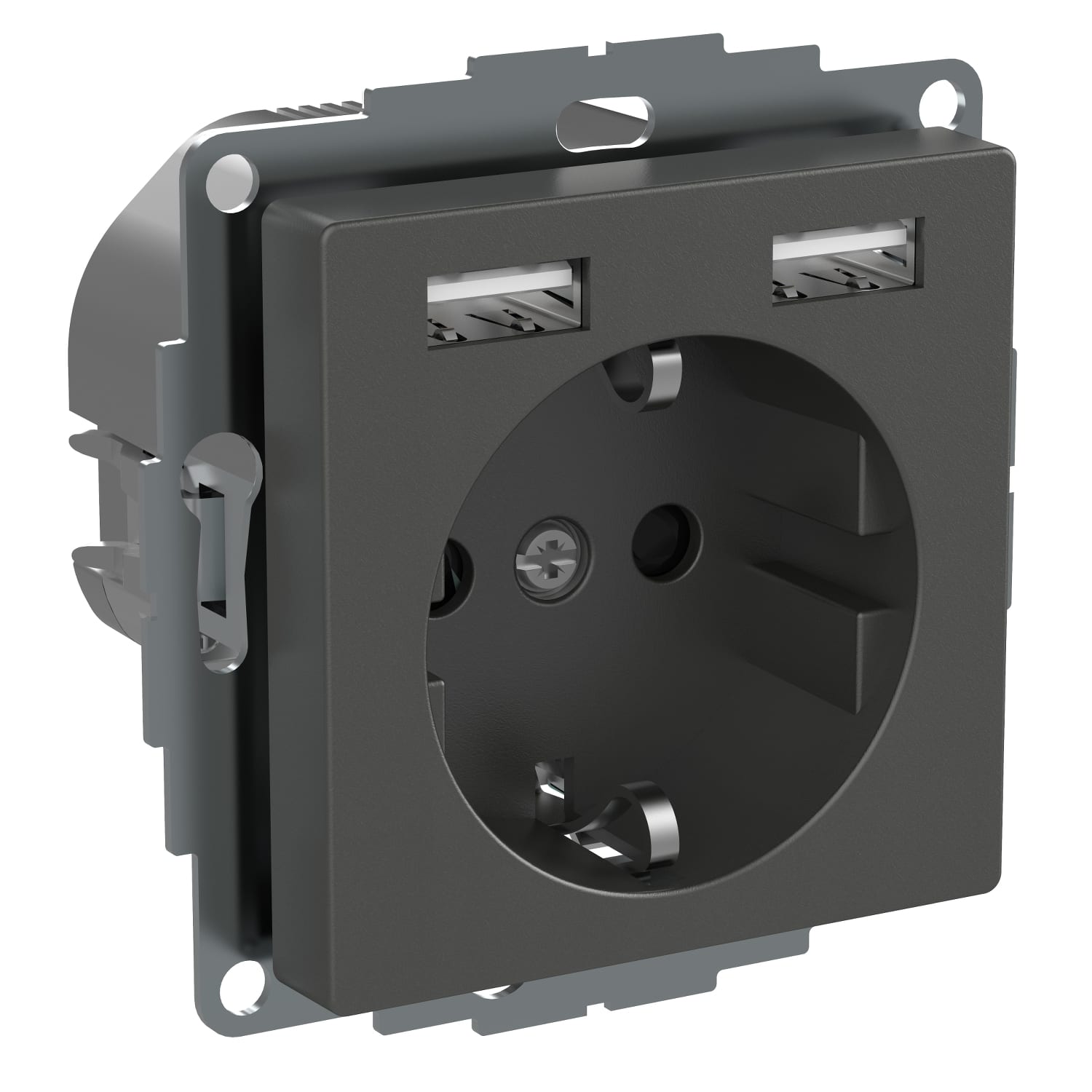 Schneider Electric - Exxact - enkel stikkontakt med 2xUSB lader - 2.4A 16A - Antrasitt