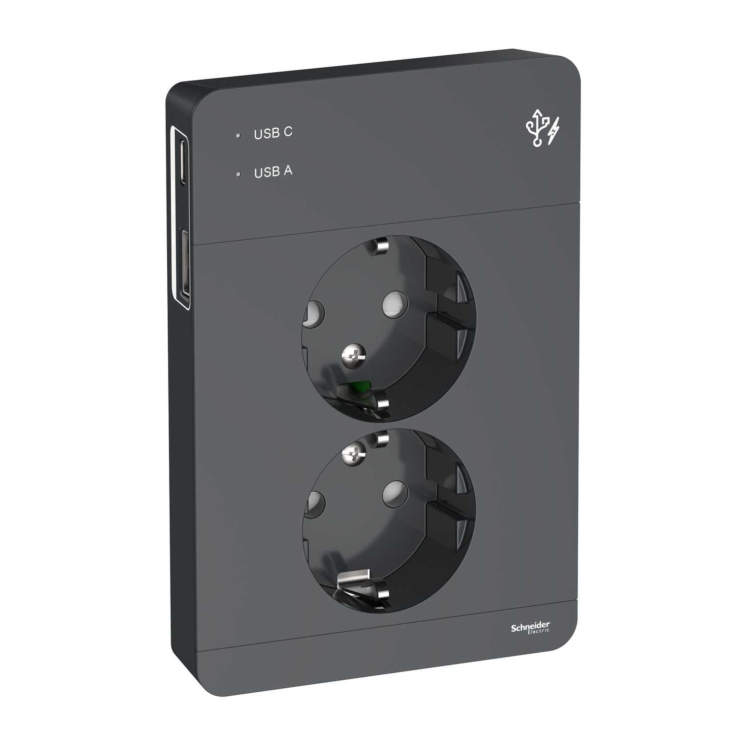 Schneider Electric - Exxact dobbel stikk med jord, barnevern, USB A+C, hurtigklemme, innfelt montering, 16A, IP21 ant