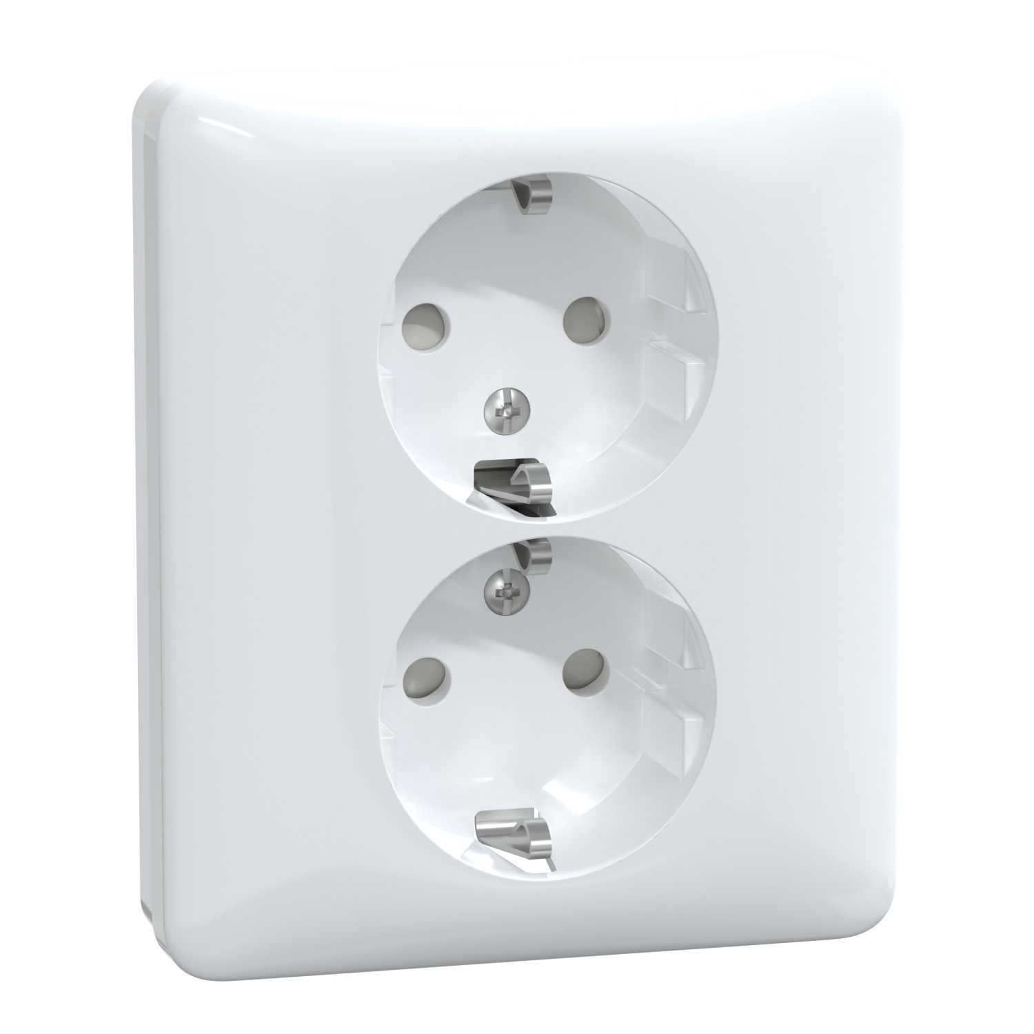 Schneider Electric - Exxact dobbel stikk med jord, barnevern og ramme, hurtigklemme, innfelt montering, 16A, IP21 hvit