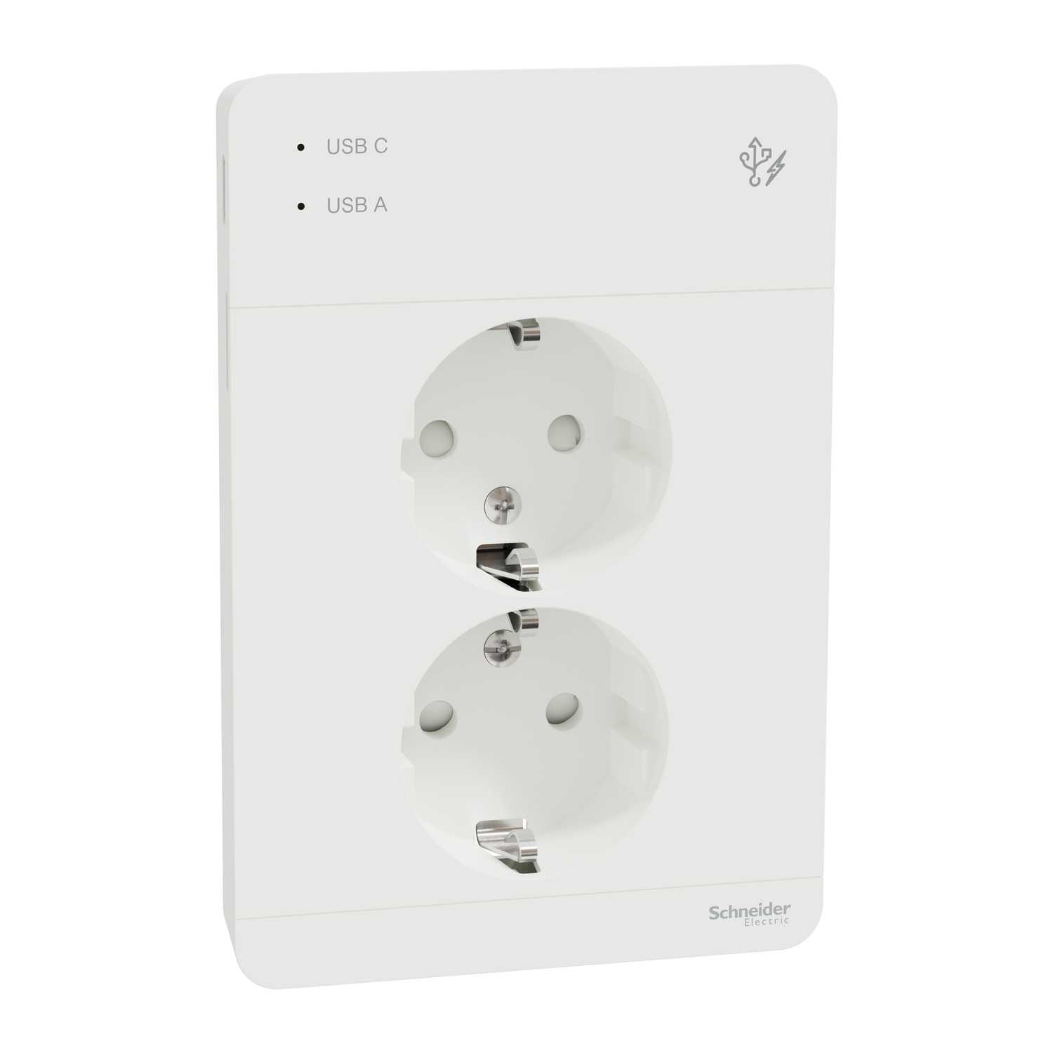 Schneider Electric - Exxact dobbel stikk med jord, barnevern, USB A+C, hurtigklemme, innfelt montering, 16A, IP21 hvit