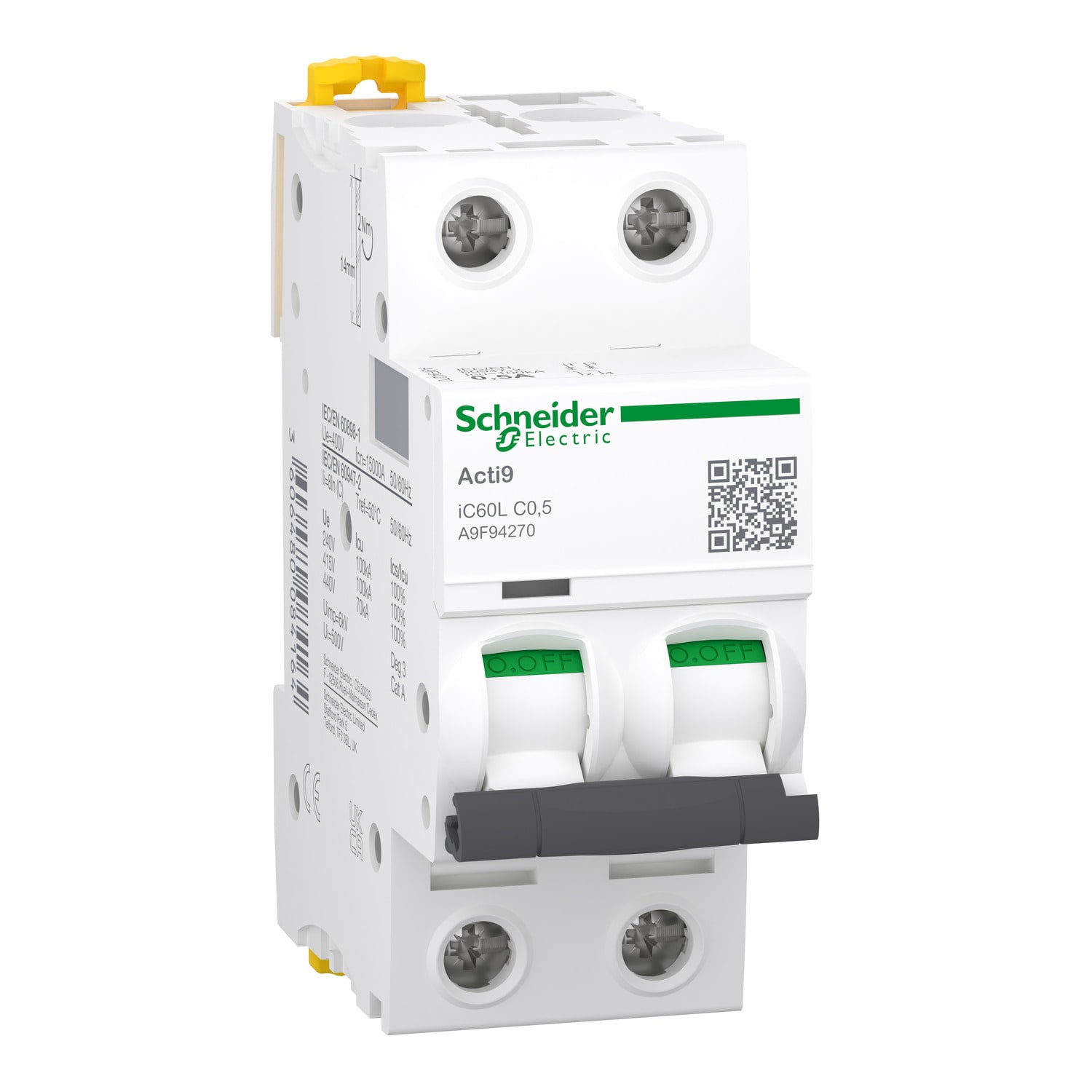 Schneider Electric - Automatsikring Acti 9 iC60L 2 pol 0,5A C kurve - I2=1,3