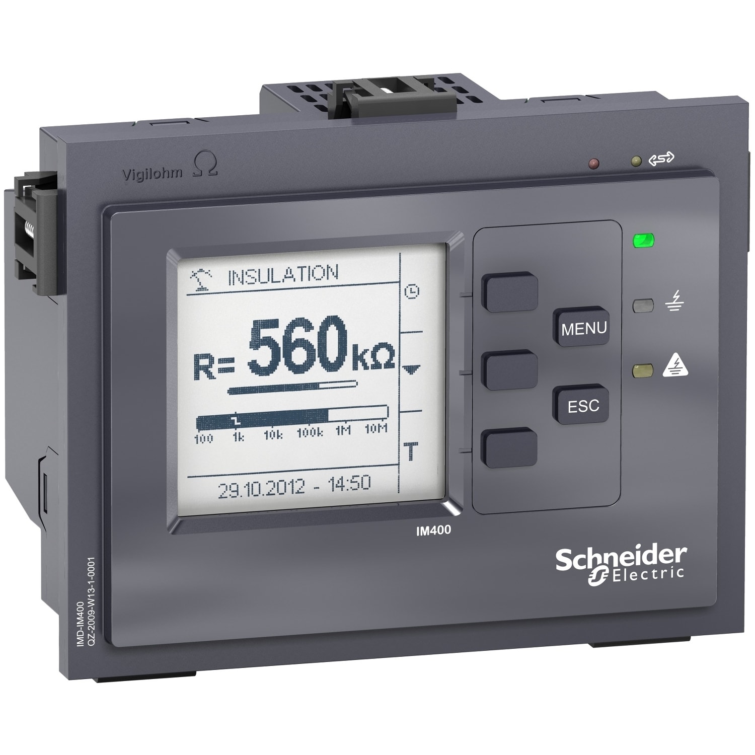 Schneider Electric - Vigilohm IM400. For IT nett, samt DC. IM400 har stort LCD display og Modbus komm.