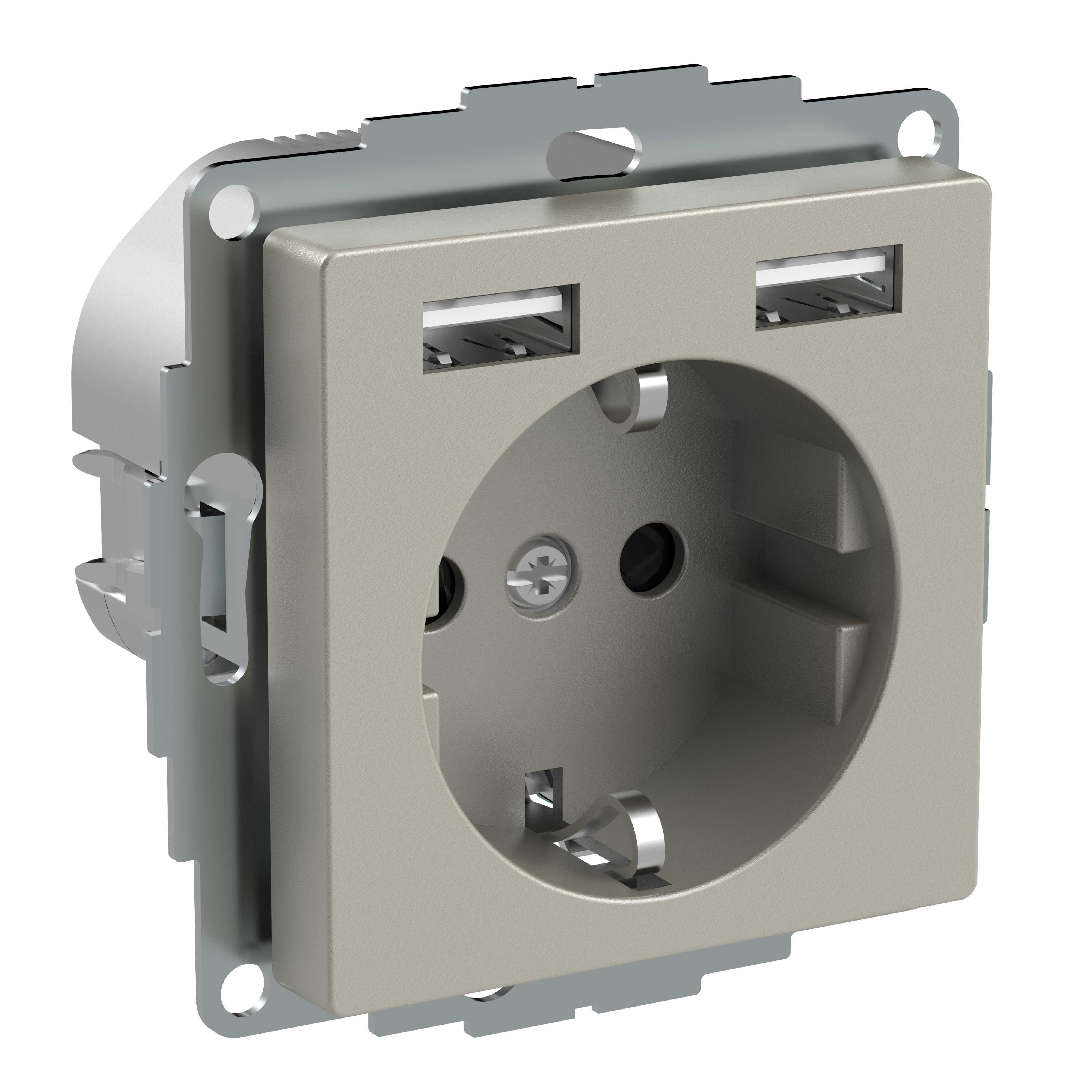 Schneider Electric - Exxact - enkel stikkontakt med 2xUSB lader - 2.4A 16A - Metallic