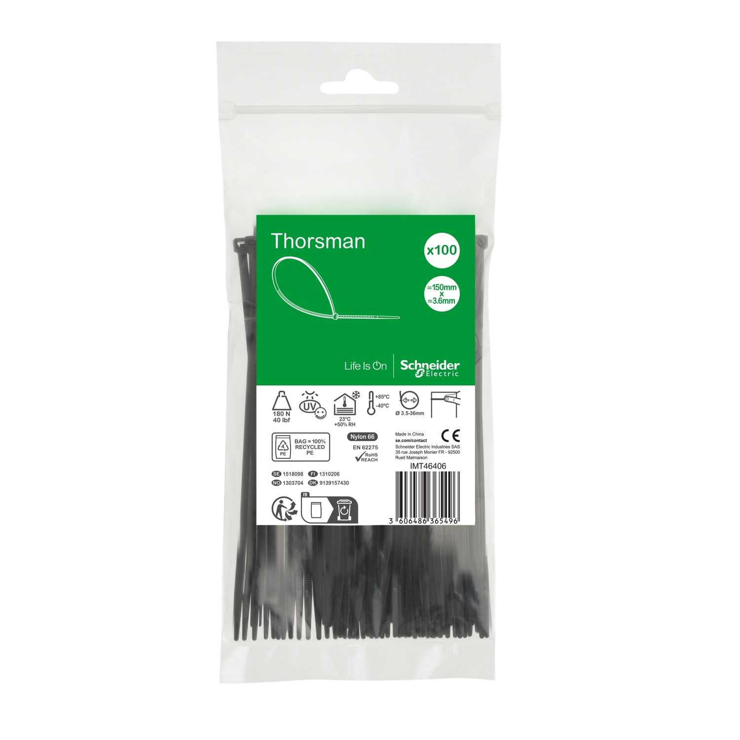 Schneider Electric - Strips svart 150x3,6 100 stk