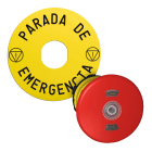 Schneider Electric - Nødstopphode i plast med Ø40 mm sopp, tryk/trekk for LED med skilt Ø60 merket "PARADA DE EMERGENZA"