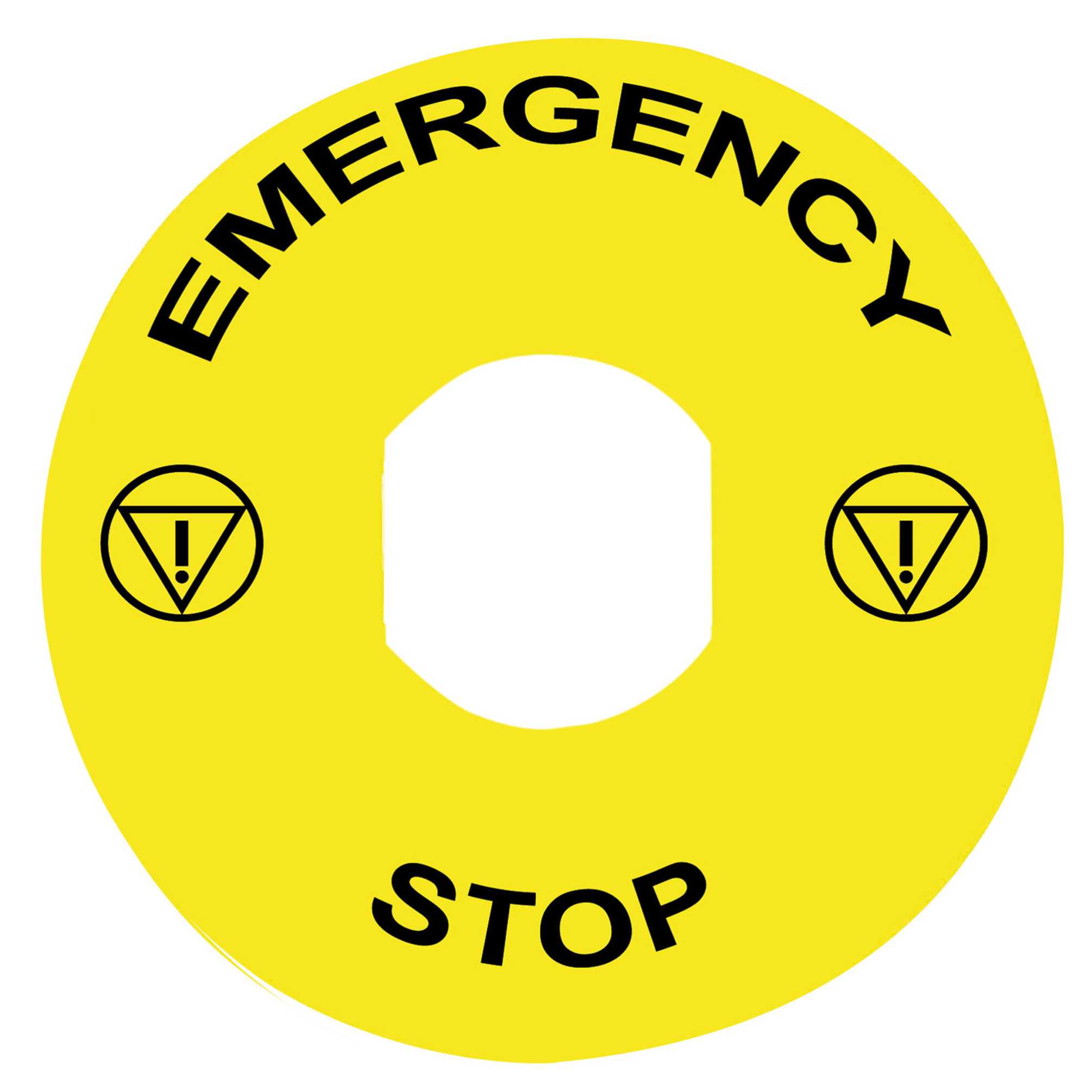 Schneider Electric - Nødstoppskilt Ø60 mm i gul farge for bruk med XB5AS8xxxxx nødstopp og merket "EMERGENCY STOP"