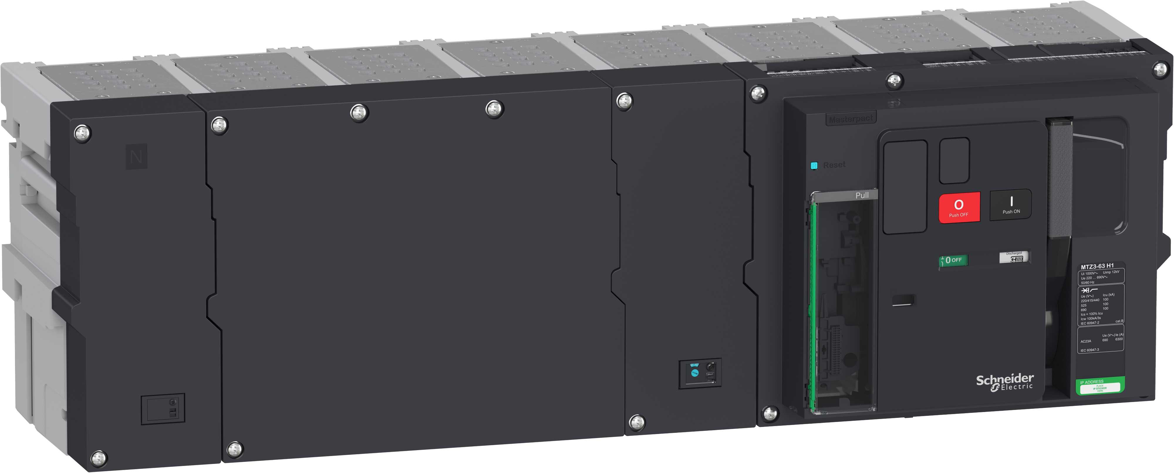 Schneider Electric - Effektbryter Masterpact MTZ3 63H1 6300A 4p uttrekkbar uten vern, lomme og tilk.