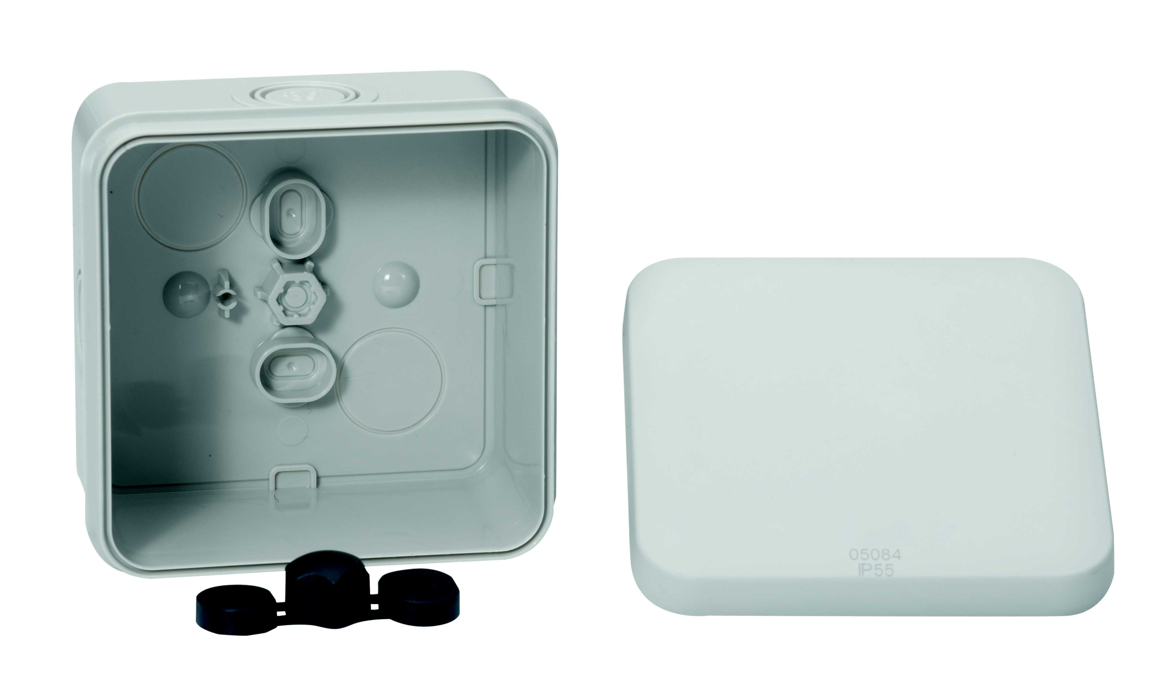 Schneider Electric - Koblingsboks, Mureva, klikklokk, 4 Knock-outs, påvegg, IP55, 80x80x45mm, Grå
