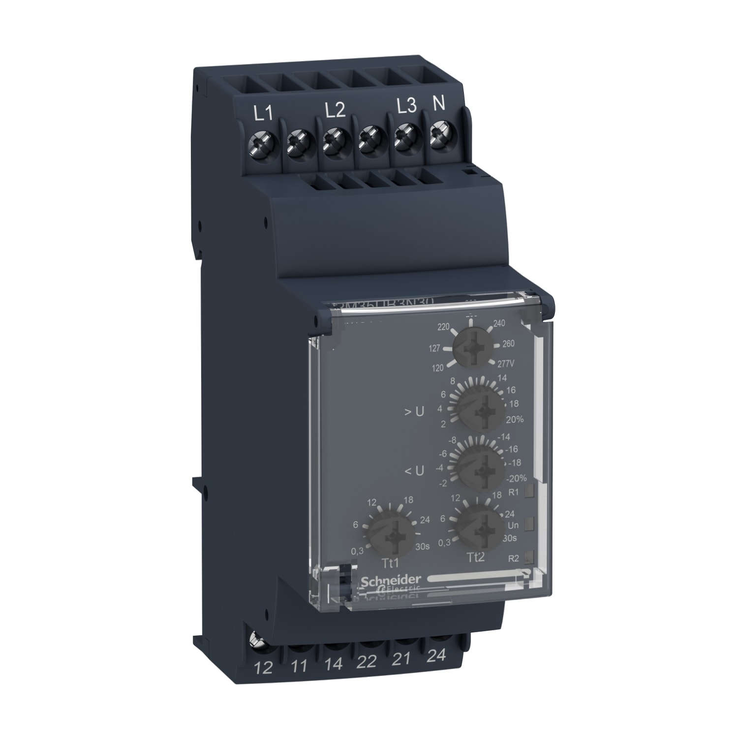 Schneider Electric - Kontrollrelé 3-fase med nul for under-/overspenning 2 C/O 5A 3x230-400 VAC