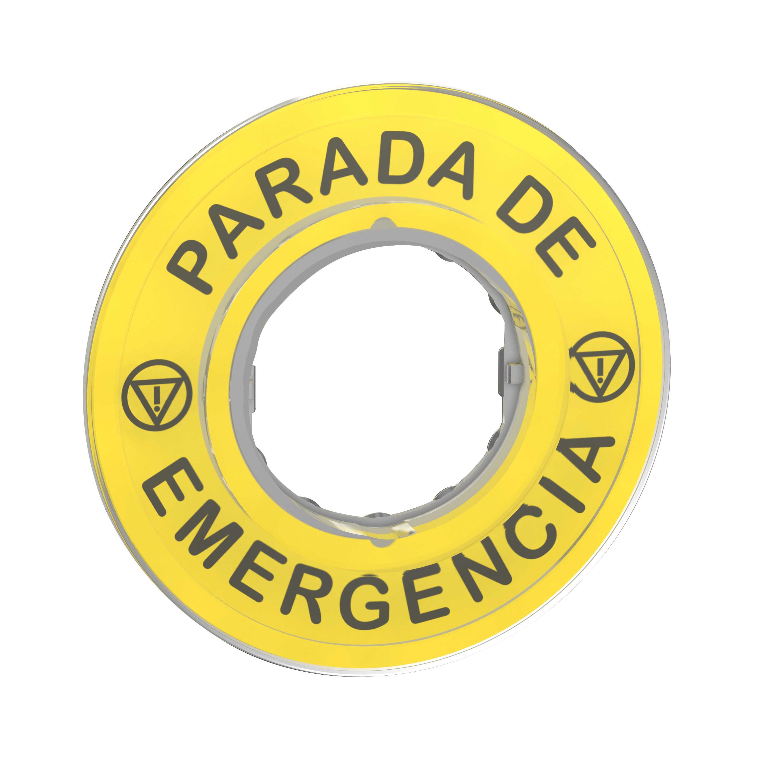 Schneider Electric - Nødstoppskilt Ø60 mm i gul farge med 3D design og merket "PARADA DE EMERGENCIA"