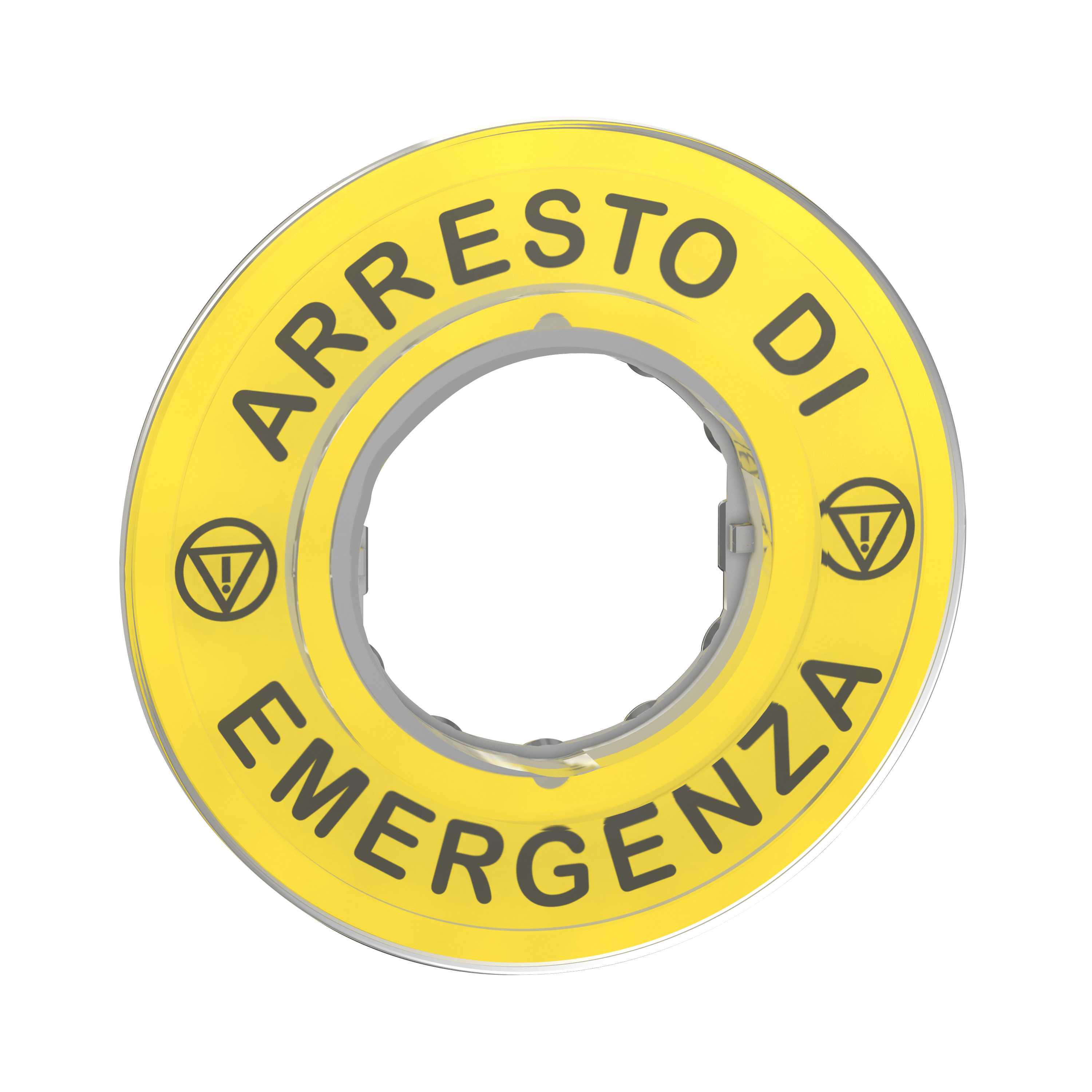 Schneider Electric - Nødstoppskilt Ø60 mm i gul farge med 3D design og merket  "ARRESTO DI EMERGENZA"
