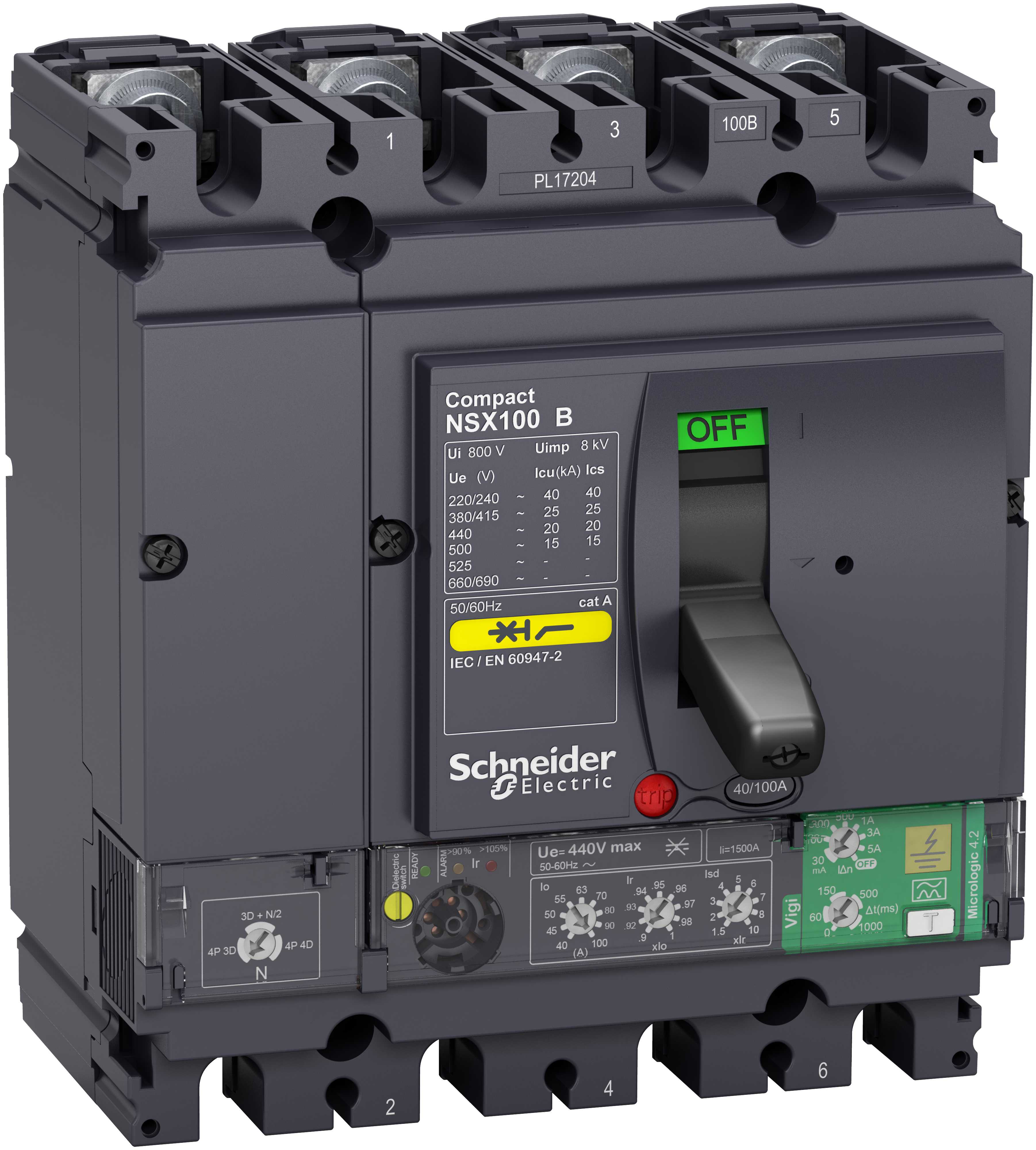Schneider Electric - Effektbryter NSX100B med Micrologic 4.2 100A 4p, med Jordfeilvern
