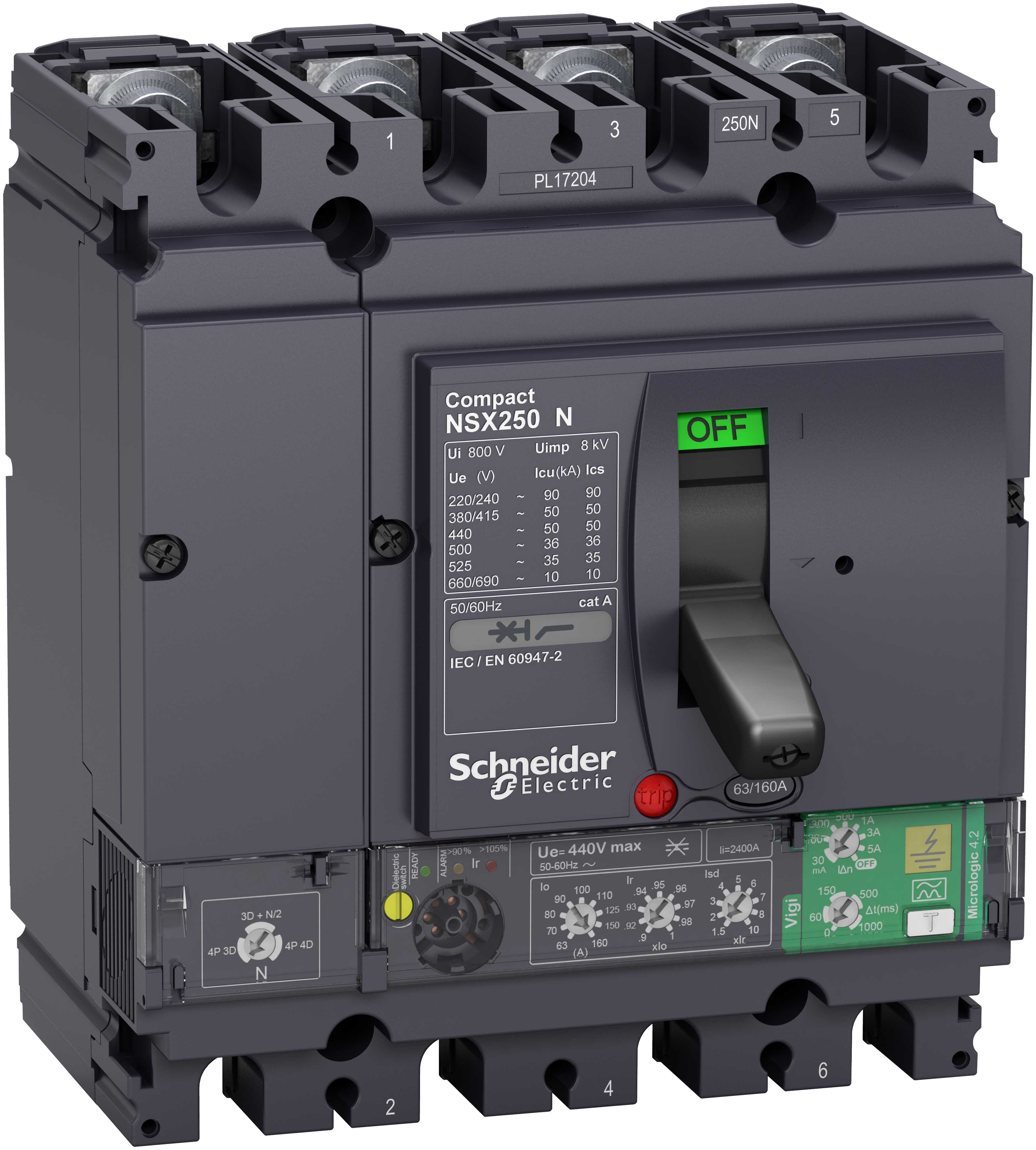 Schneider Electric - Effektbryter NSX250N med Micrologic 4.2 160A 4p, med Jordfeilvern