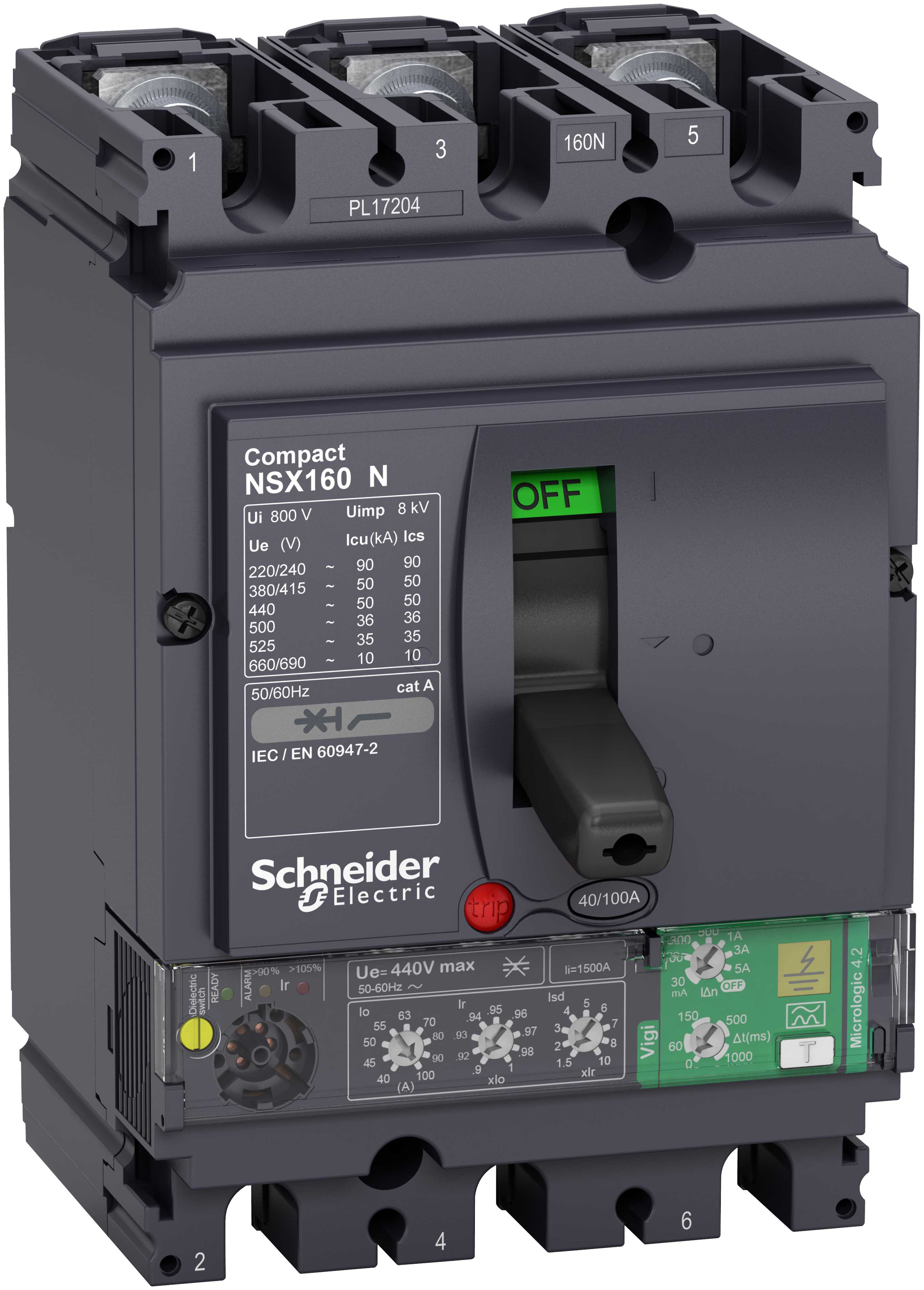 Schneider Electric - Effektbryter NSX160N med Micrologic 4.2 100A 3p, med Jordfeilvern