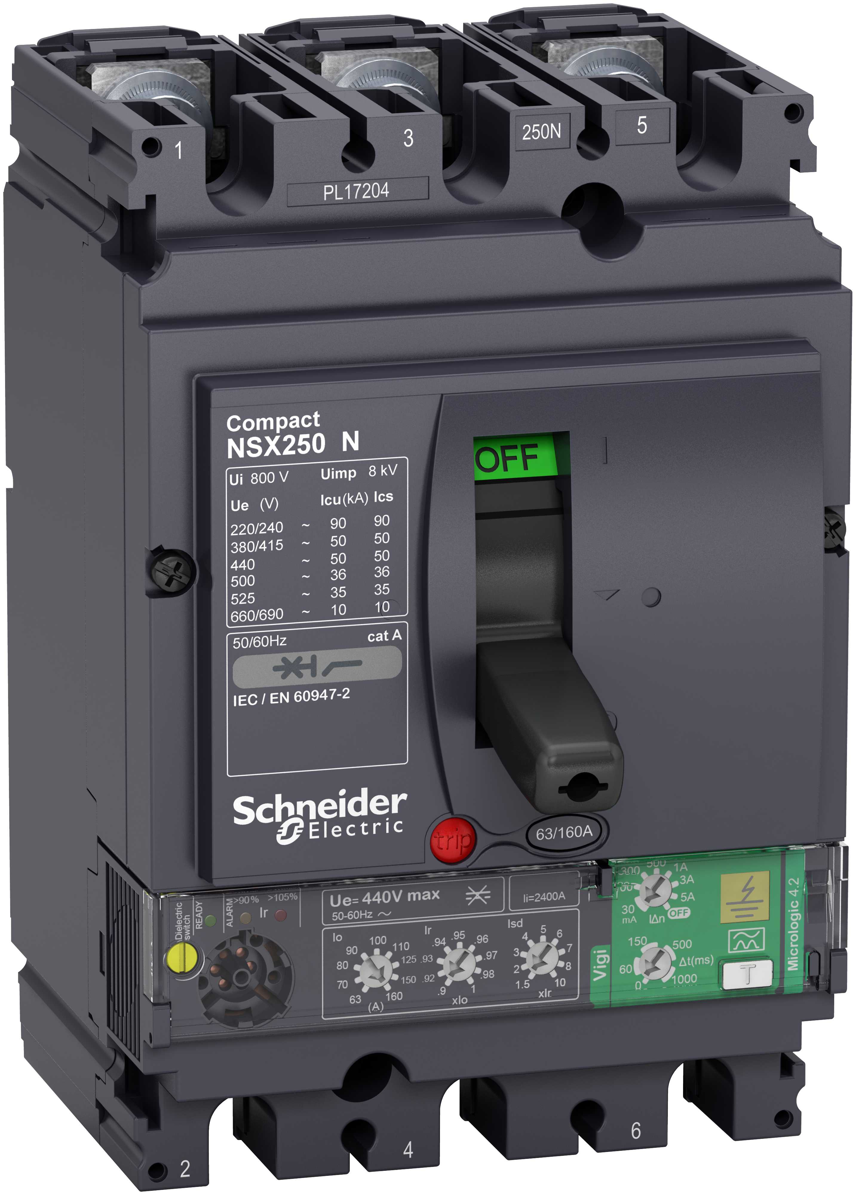 Schneider Electric - Effektbryter NSX250N med Micrologic 4.2 160A 3p, med Jordfeilvern