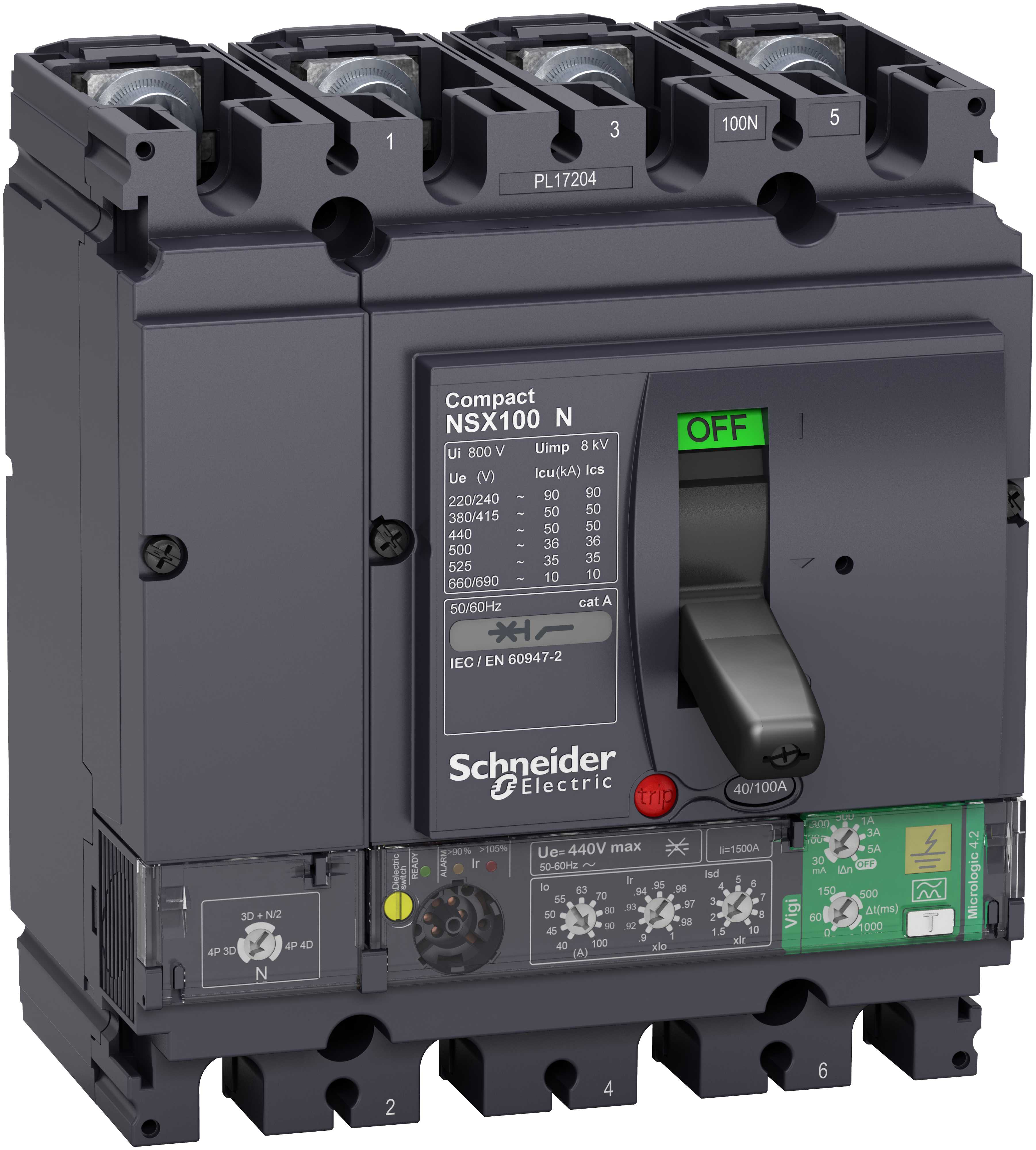 Schneider Electric - Effektbryter NSX100N med Micrologic 4.2 100A 4p, med Jordfeilvern