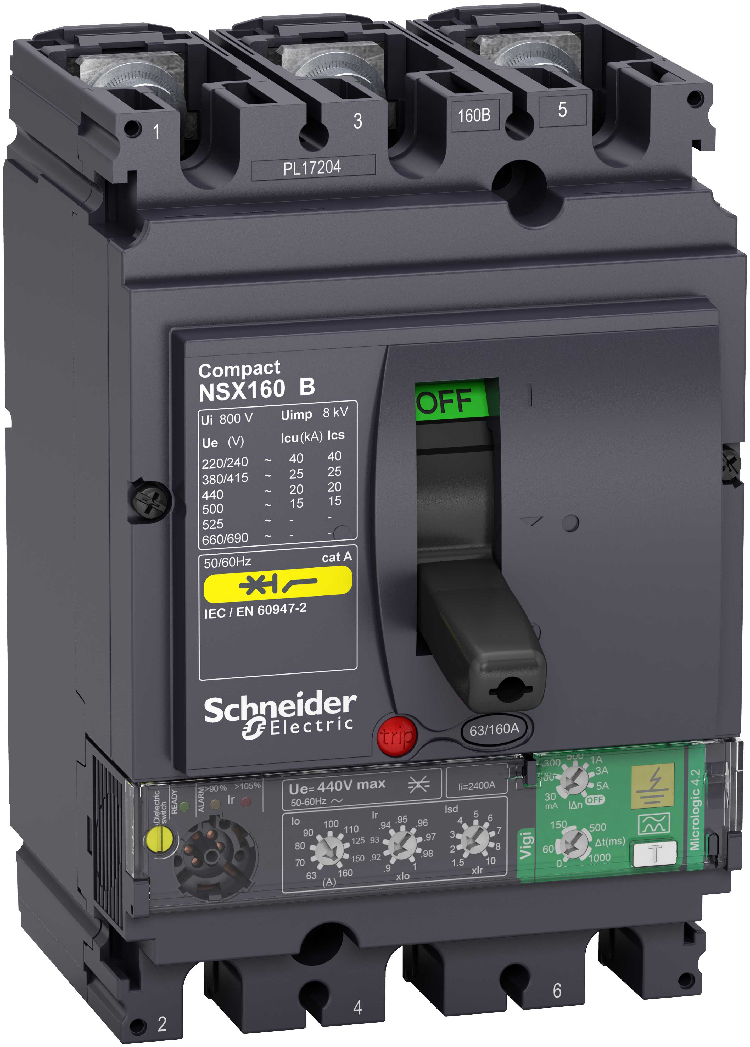 Schneider Electric - Effektbryter NSX160B med Micrologic 4.2 160A 3p, med Jordfeilvern