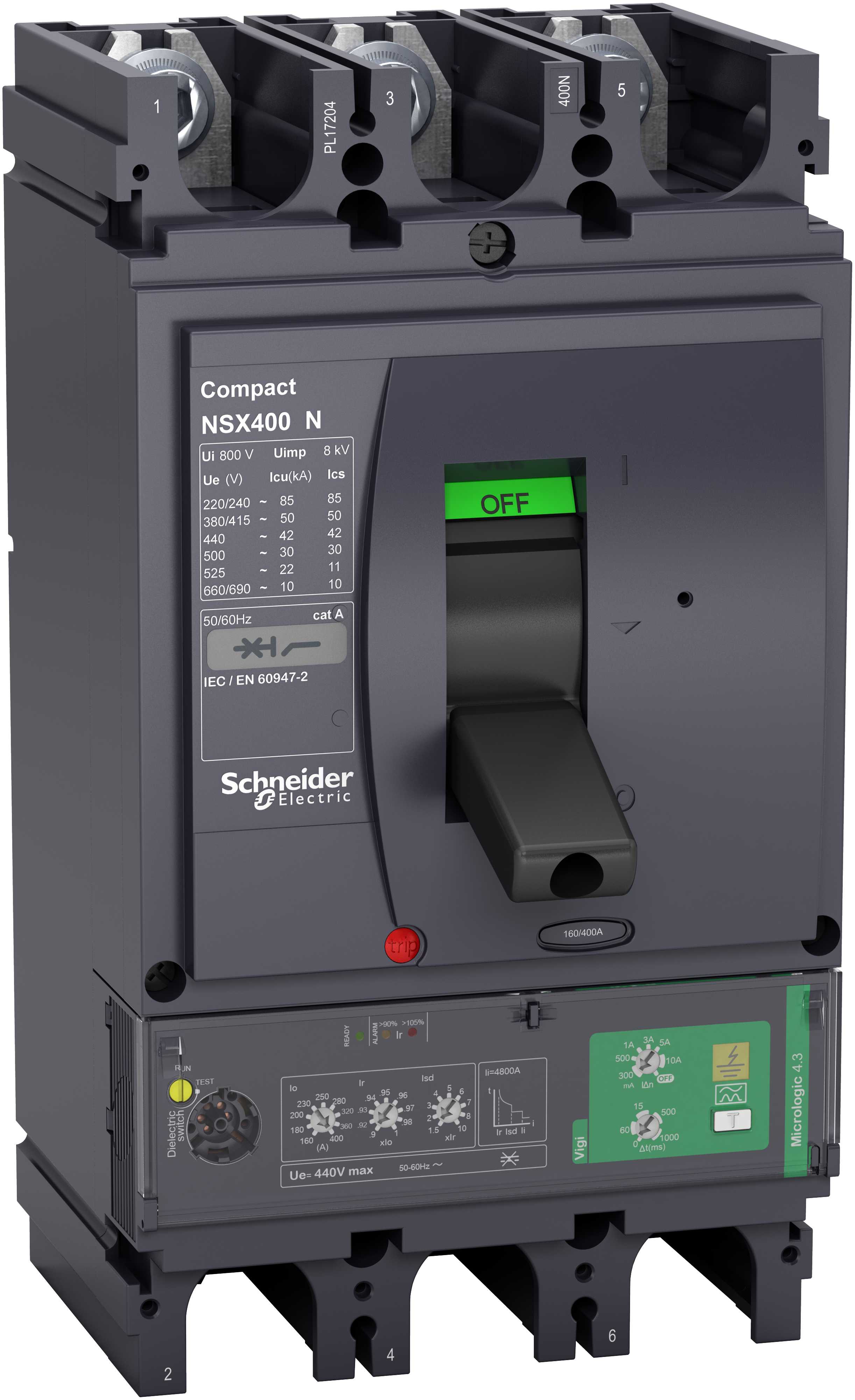 Schneider Electric - Effektbryter NSX400N med Micrologic 4.3 400A 3p, med jordfeilvern