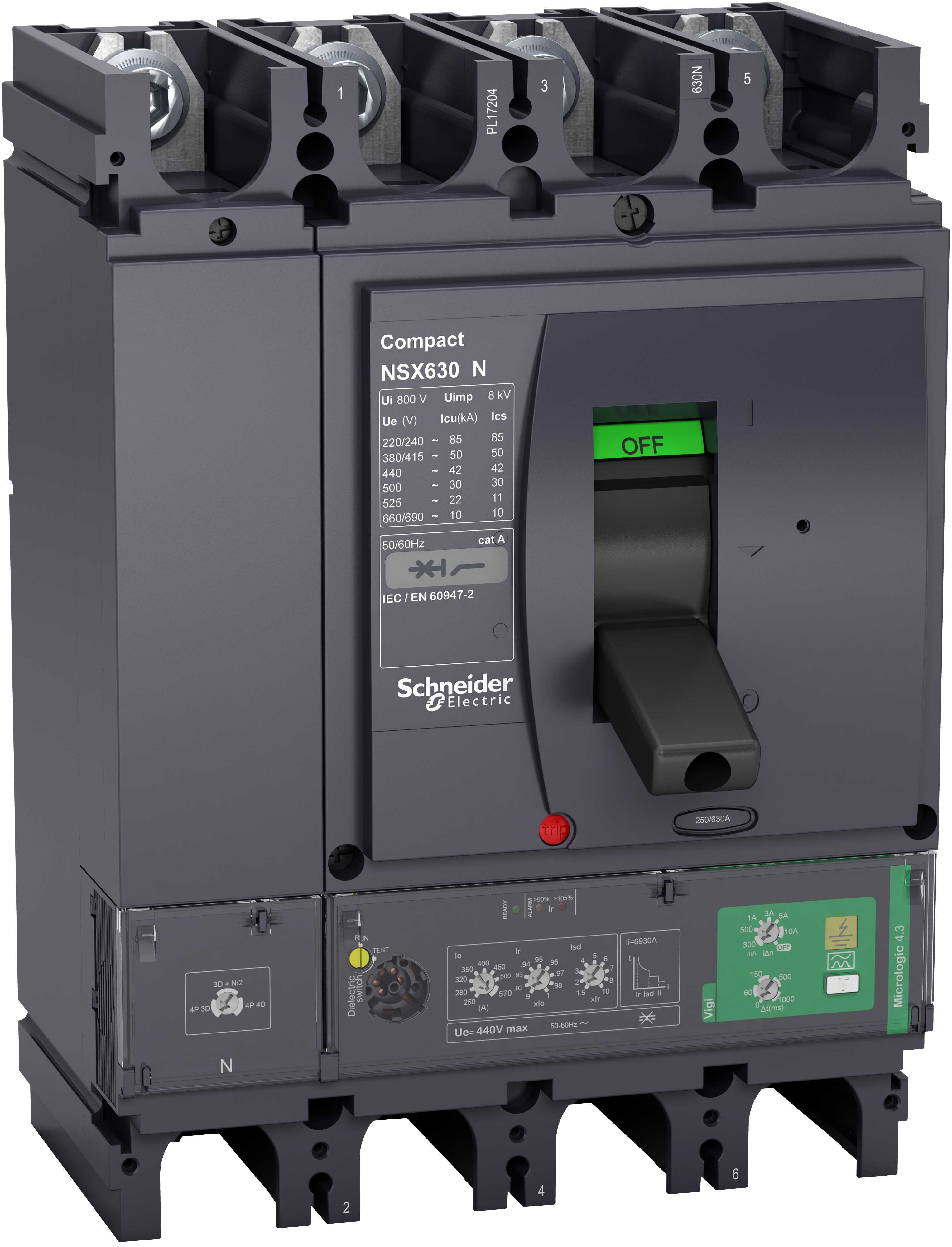 Schneider Electric - Effektbryter NSX630N med Micrologic 4.3 570A 4p, med jordfeilvern