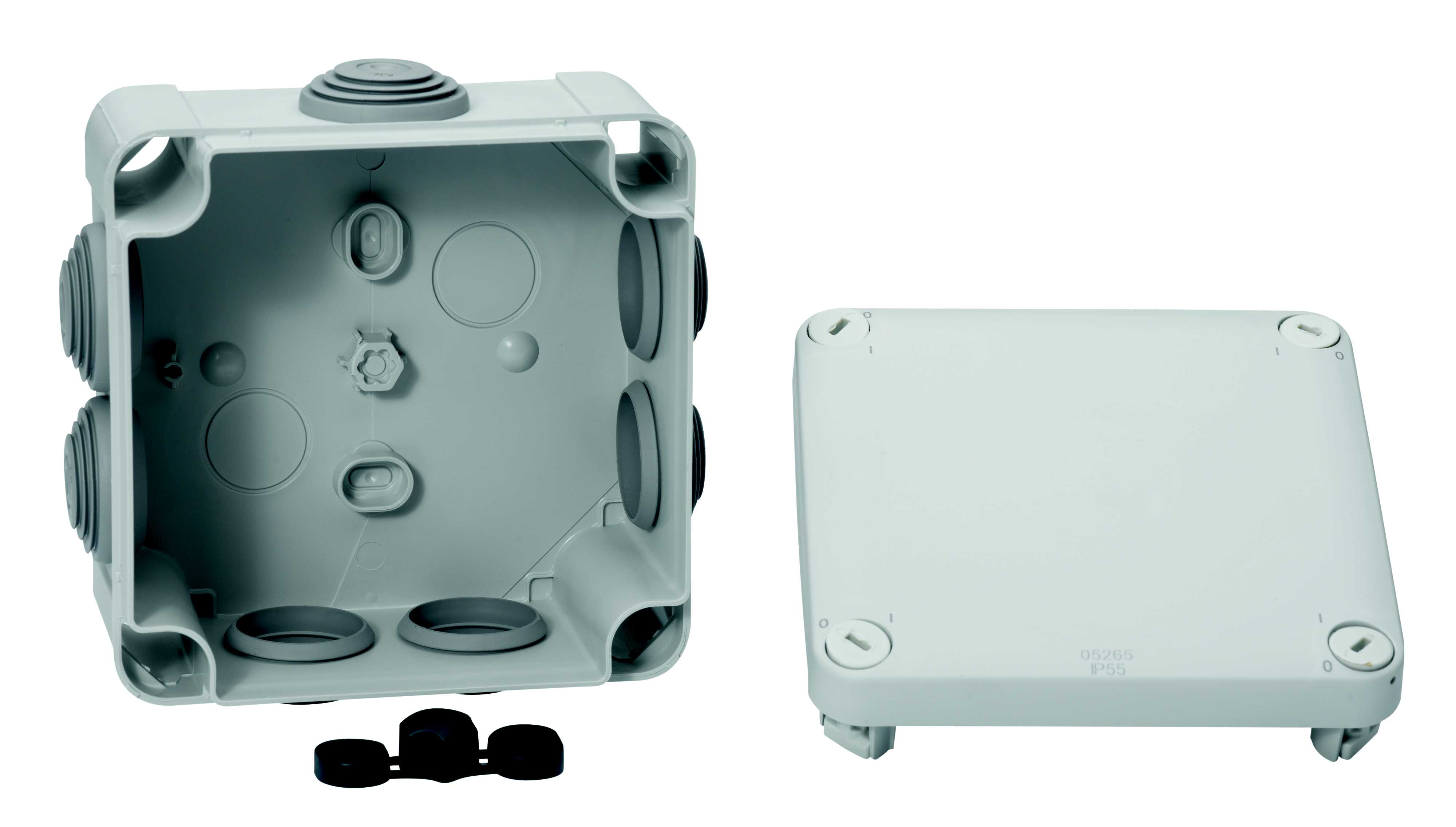Schneider Electric - Koblingsboks, brannboks, Mureva, skrulokk, 7 kabelinnføringer, påvegg, IP55, 105x105x55mm, Grå
