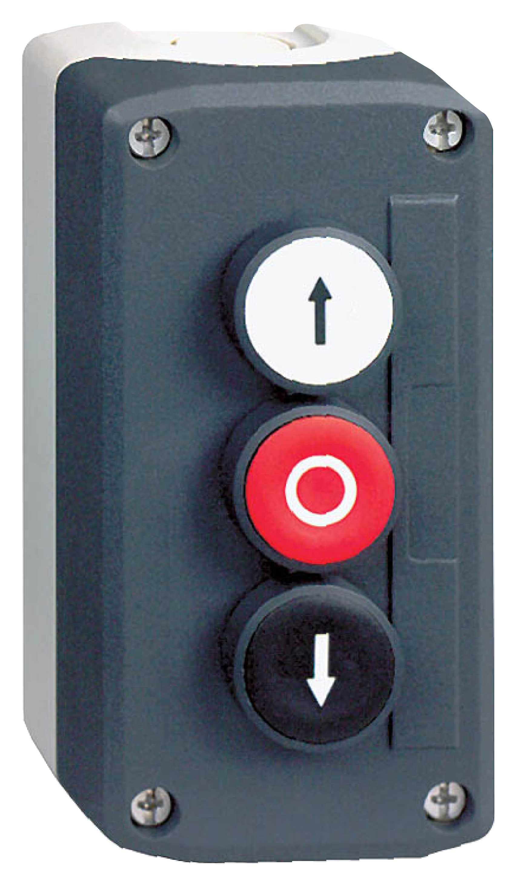 Schneider Electric - Trykknappboks 3 funksjoner 2 pil (hvit og sort) + 0 (rød) opphøyd 2NO + 1NC