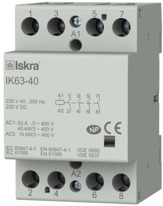 Iskra - Installasjonskontaktor 4 polt, 63 A, 230 V AC/DC spole