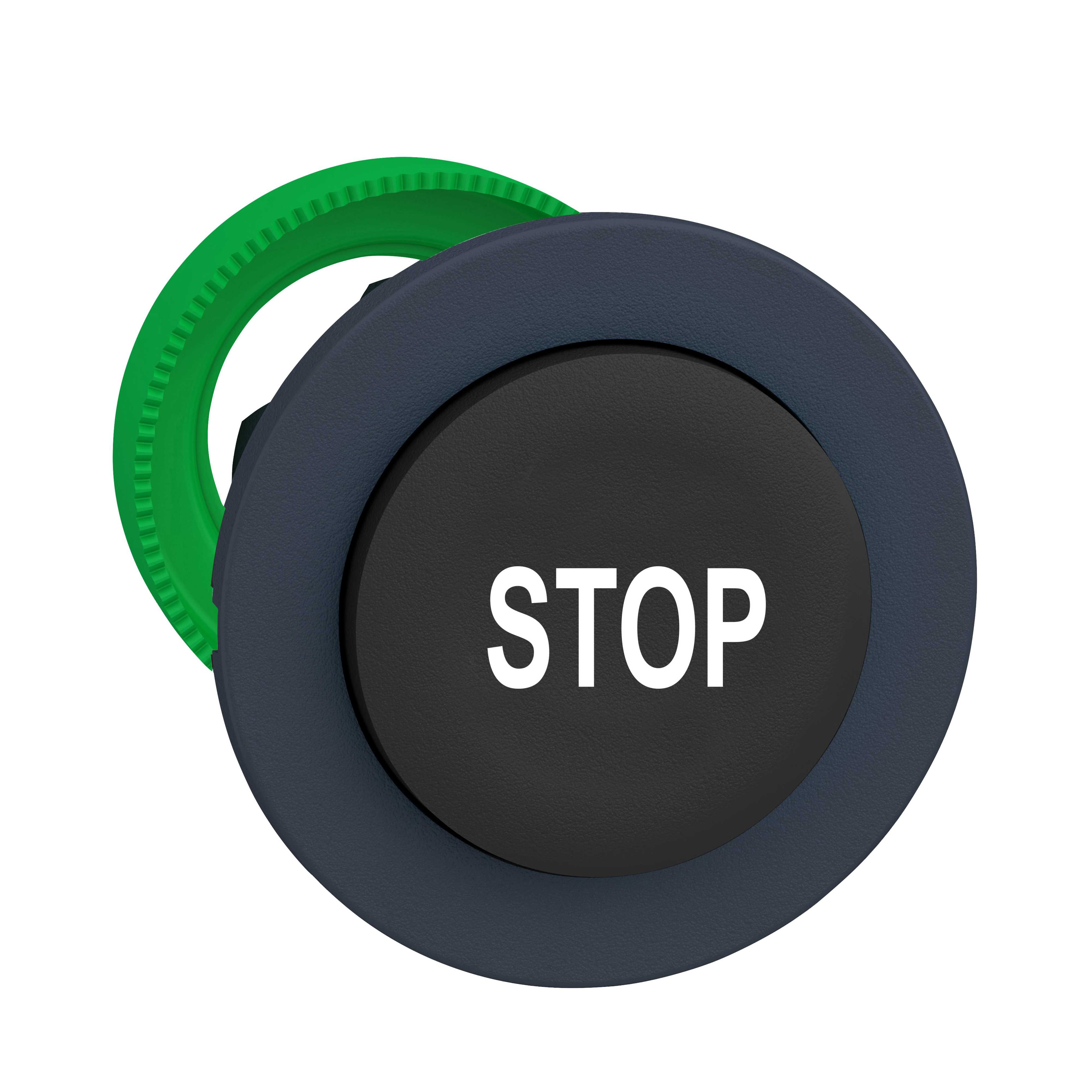 Telemecanique - Trykknapphode flush i plast med fjærretur og opphøyd trykflate i sort farge med hvit "STOP"