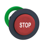 Telemecanique - Trykknapphode flush i plast med fjærretur og opphøyd trykflate i rød farge med hvit "STOP"